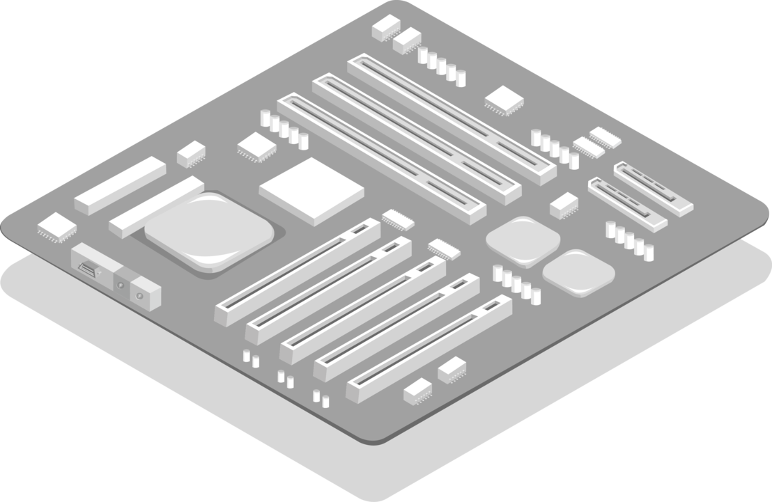 主機板 桌布 壁紙 — 黑色背景上灰色電腦主機板（帶插槽和晶片）的等角視圖。