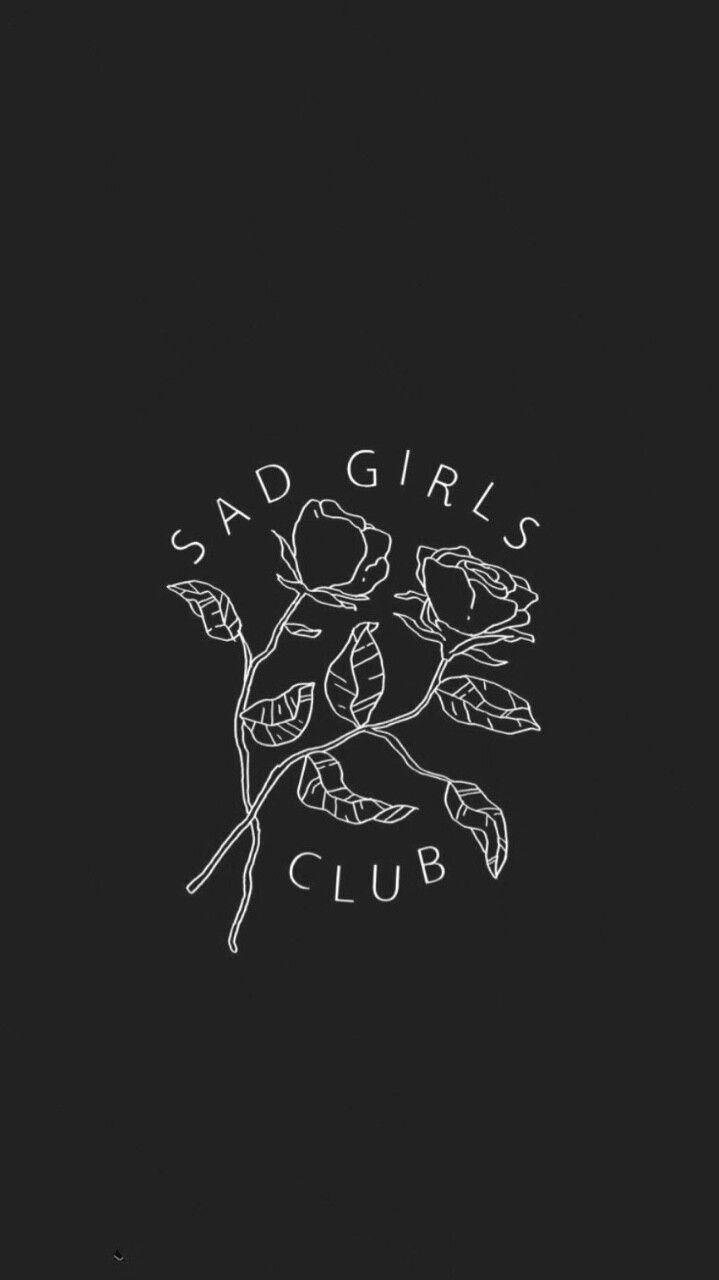 憂鬱少女美學 桌布 壁紙 — 黑色背景上玫瑰和葉子的白色線條藝術，帶有「SAD GIRLS CLUB」文字。