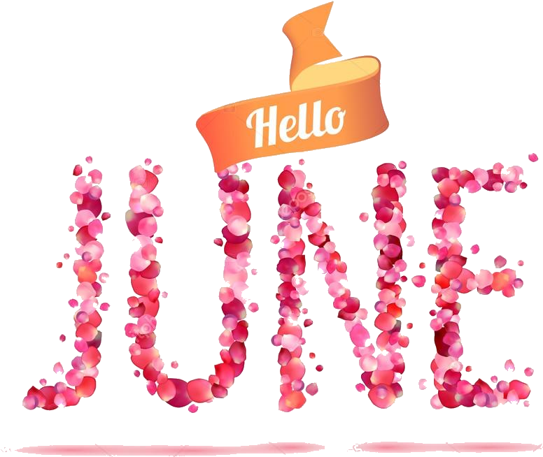 六月 桌布 壁紙 — 黑色背景上由散落的粉紅色花瓣組成的單詞JUNE，以及一條寫著Hello的絲帶橫幅。