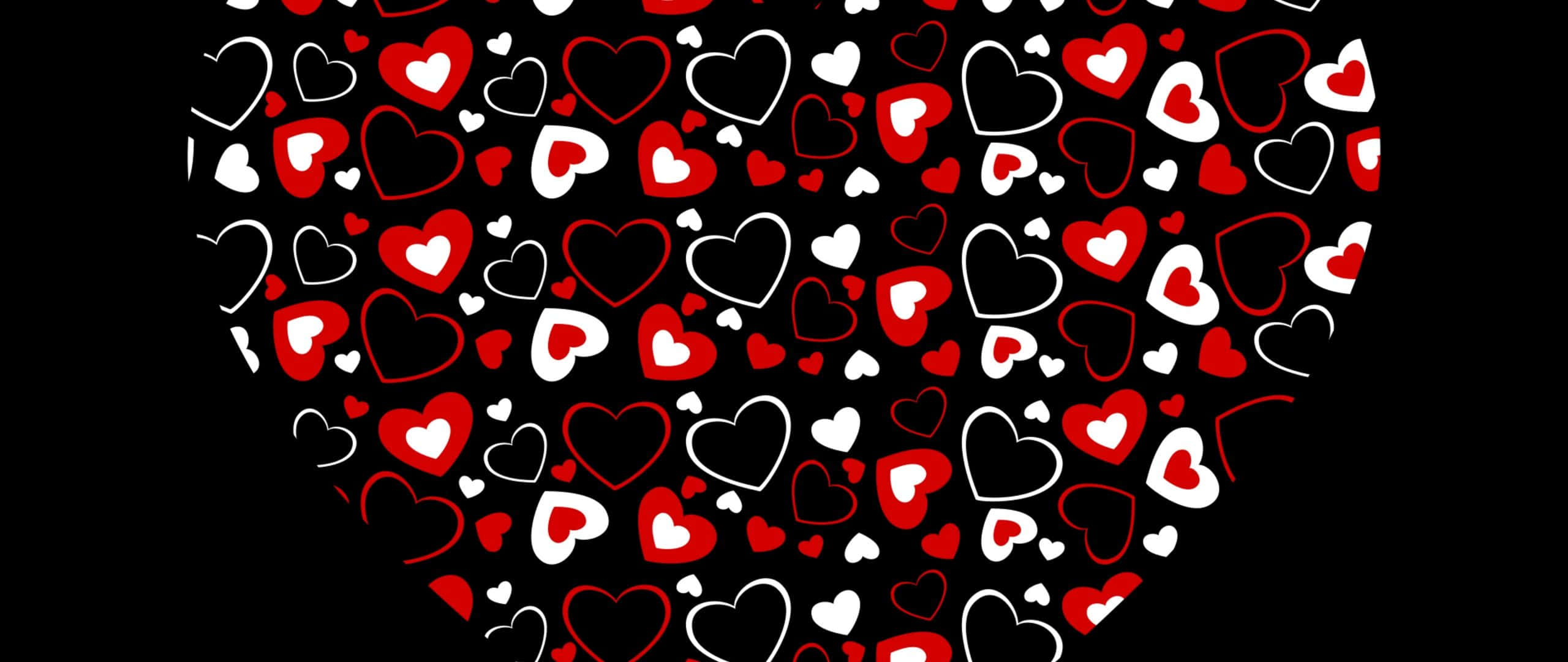 Dark Love 桌布 壁紙 — 黑色背景上由紅色、白色和輪廓心形組成的愛心圖案。