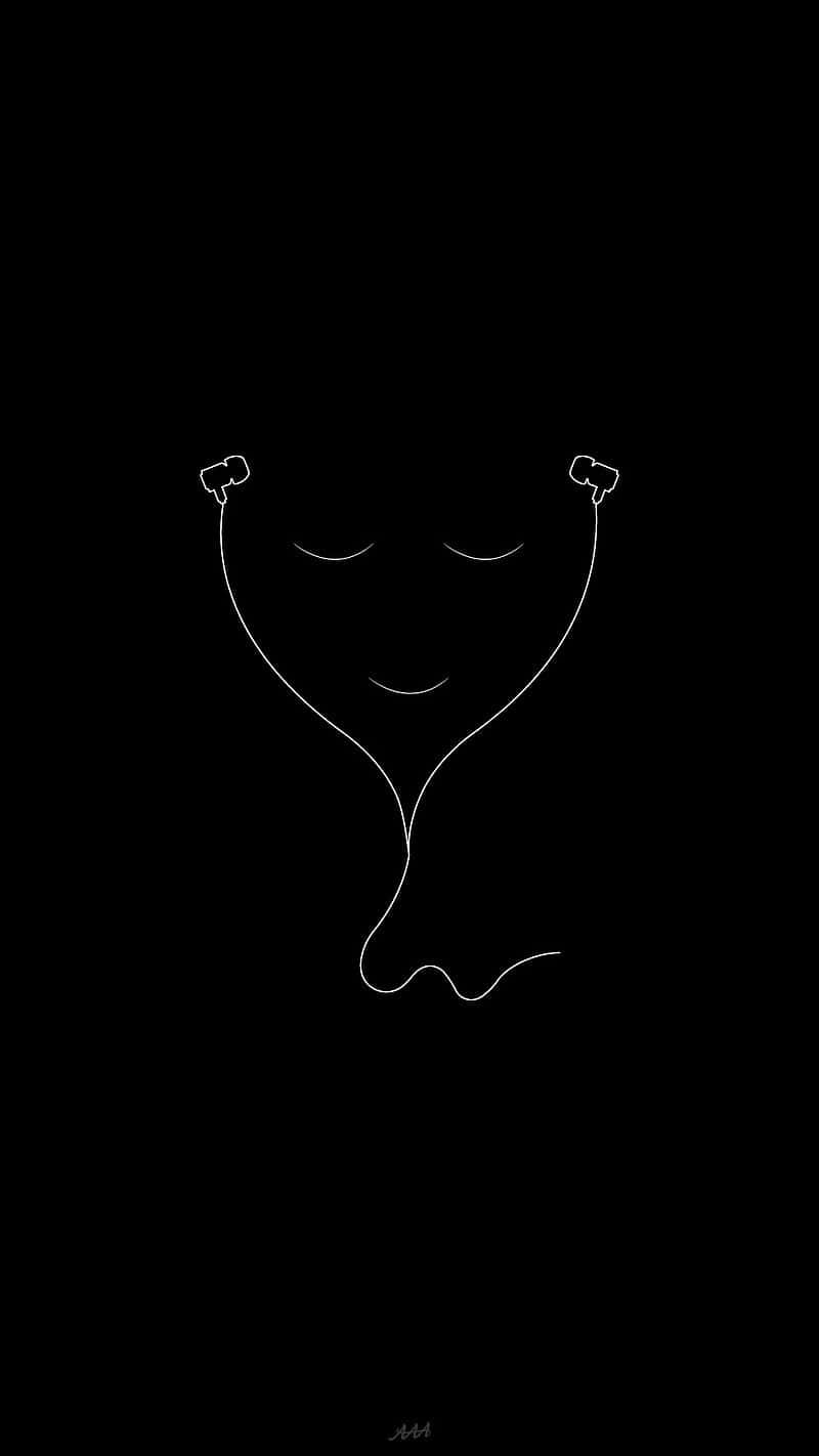 Simple Black And White 桌布 壁紙 — 黑色背景上由耳機和電線形成的微笑臉孔的極簡白色線條畫。