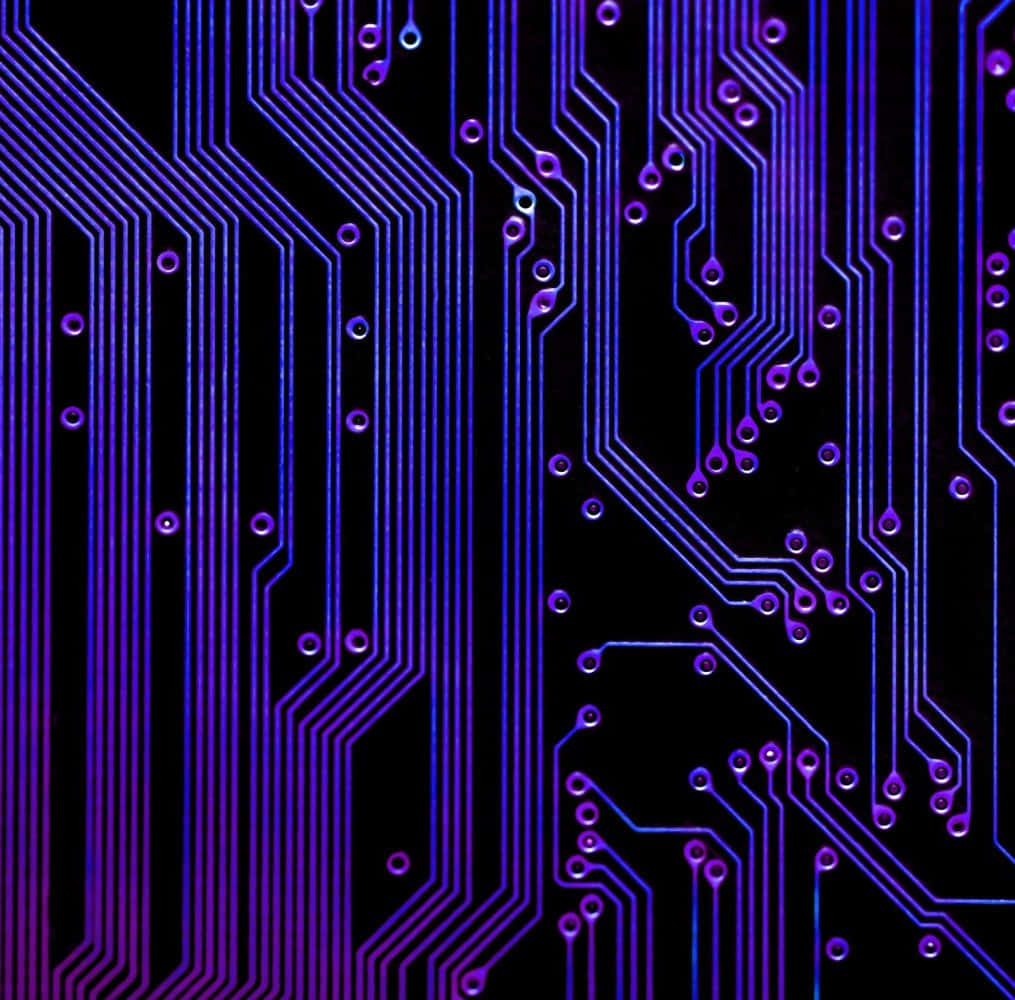 Circuit 桌布 壁紙 — 黑色背景上發光的藍色和紫色電路板路徑，帶有複雜的連接和焊點。