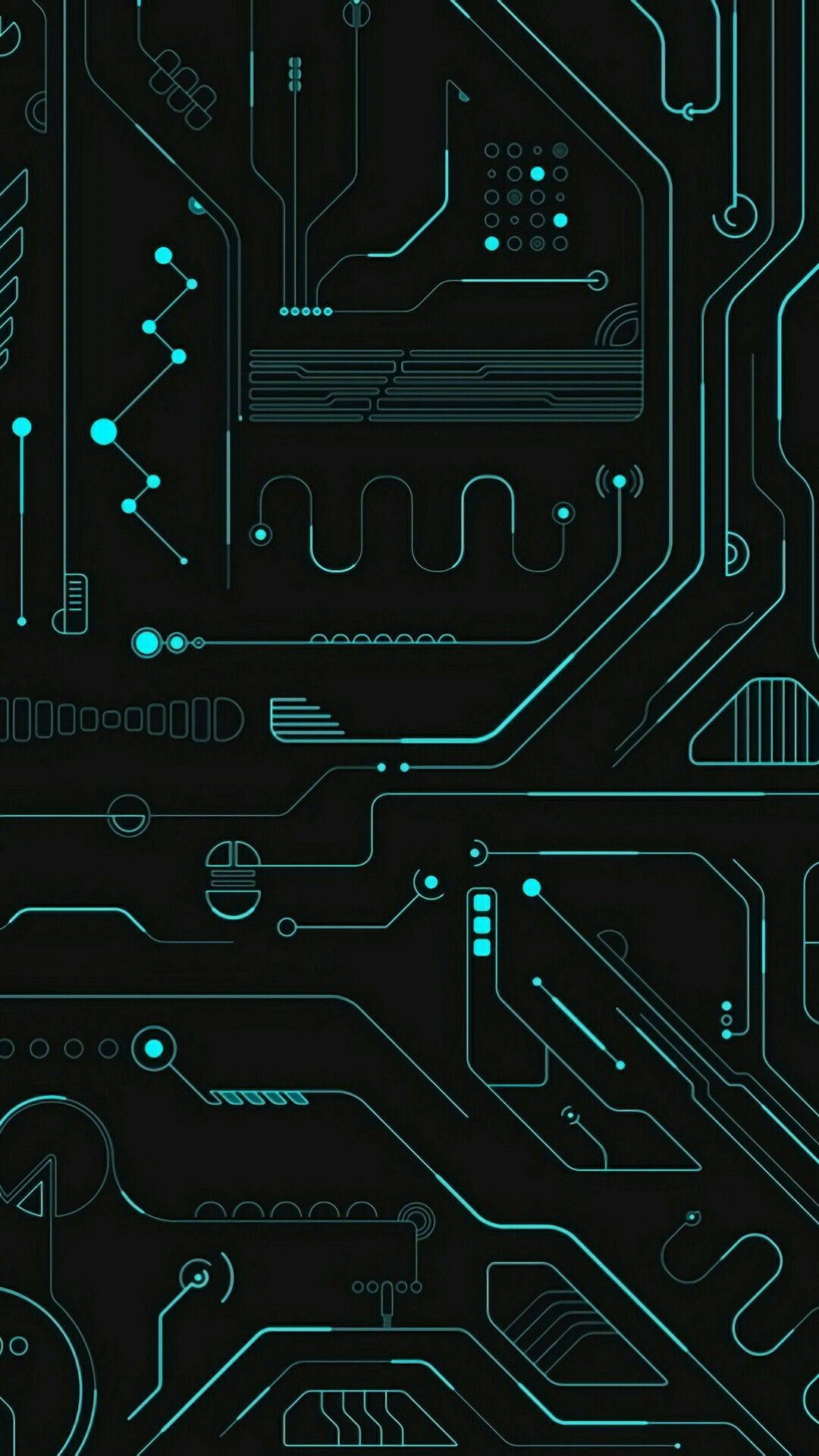 黑客 桌布 壁紙 — 黑色背景上發光的青綠色電路板圖案，帶有複雜的數位路徑和元件。