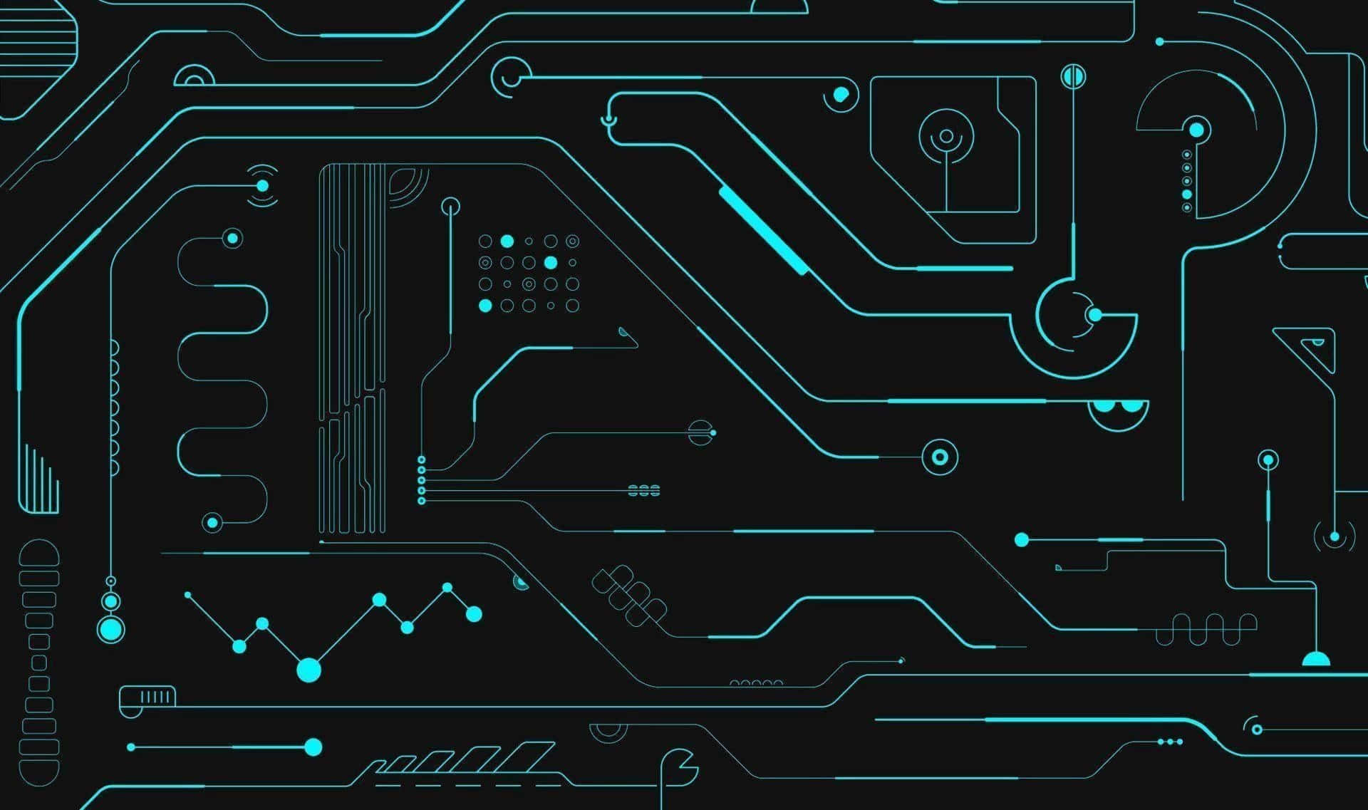 Circuit 桌布 壁紙 — 黑色背景上發光的青色電路板圖案，帶有複雜的數位路徑和元件。