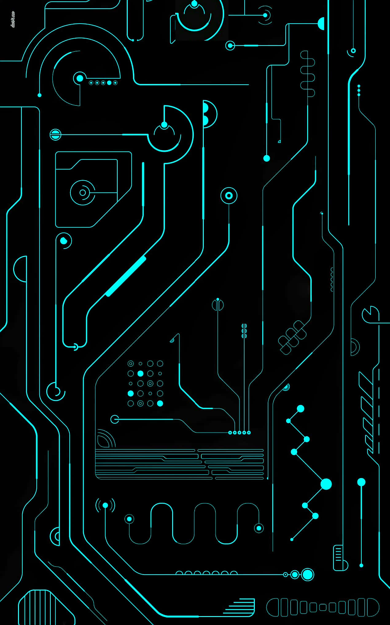 OLED 桌布 壁紙 — 黑色背景上發光的青色電路板圖案，帶有複雜的數位路徑和元件。