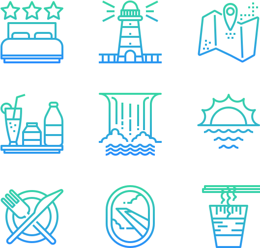 icon 桌布 壁紙 — 黑色背景上發光藍色和綠色旅行圖標的網格，包括床、燈塔、地圖、瀑布、太陽、禁止食物、禁止電話、禁止飲料。