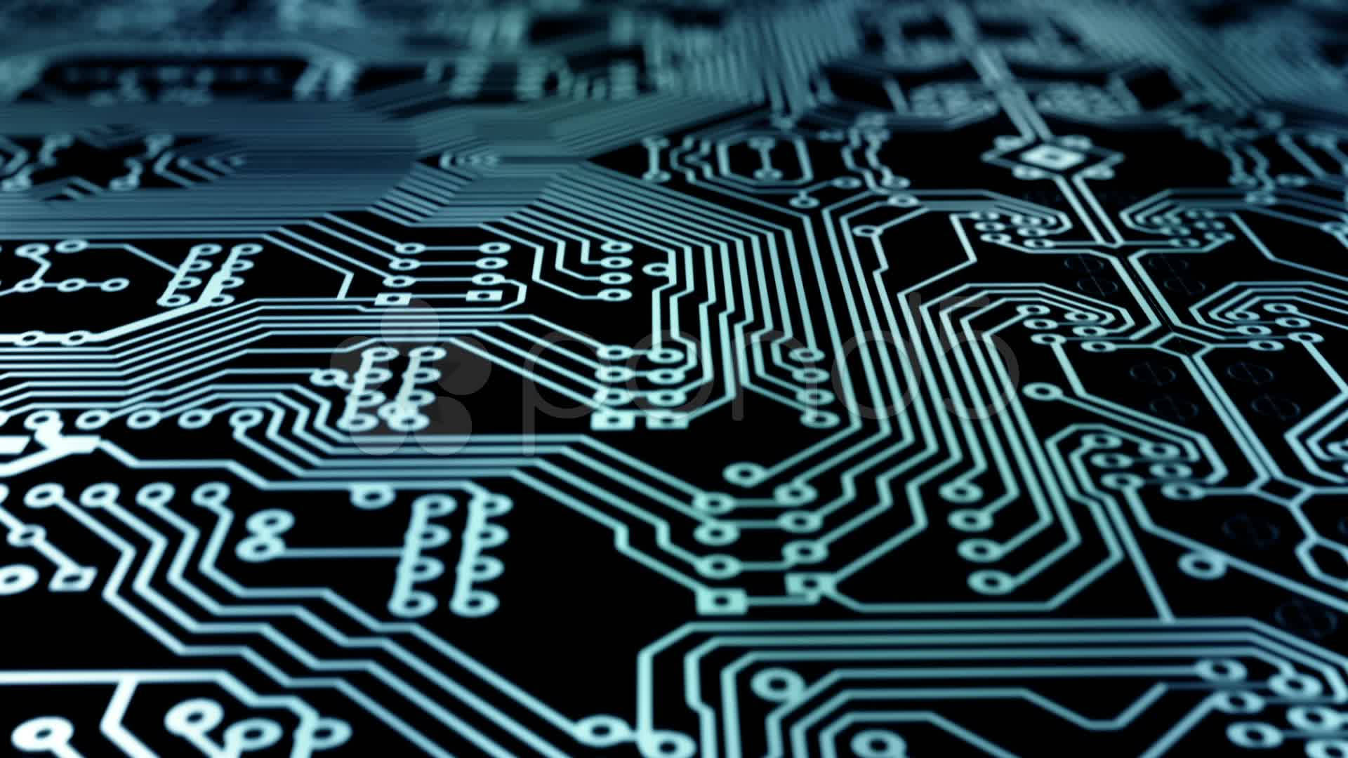 Circuit 桌布 壁紙 — 黑色背景上發光藍色電路板路徑的特寫，淺景深。