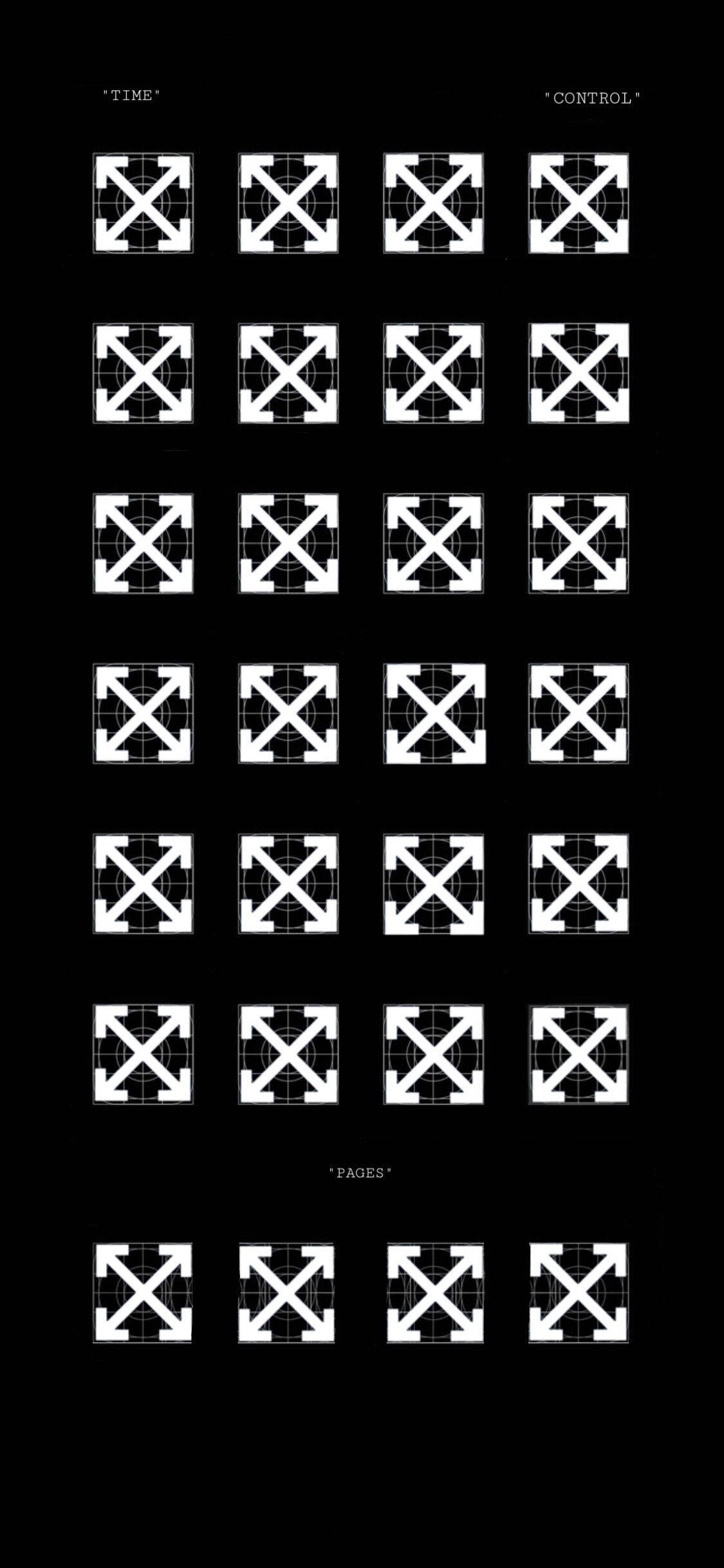 Off White Logo 桌布 壁紙 — 黑色背景上白色 Off-White 品牌箭頭網格，帶有標籤行。
