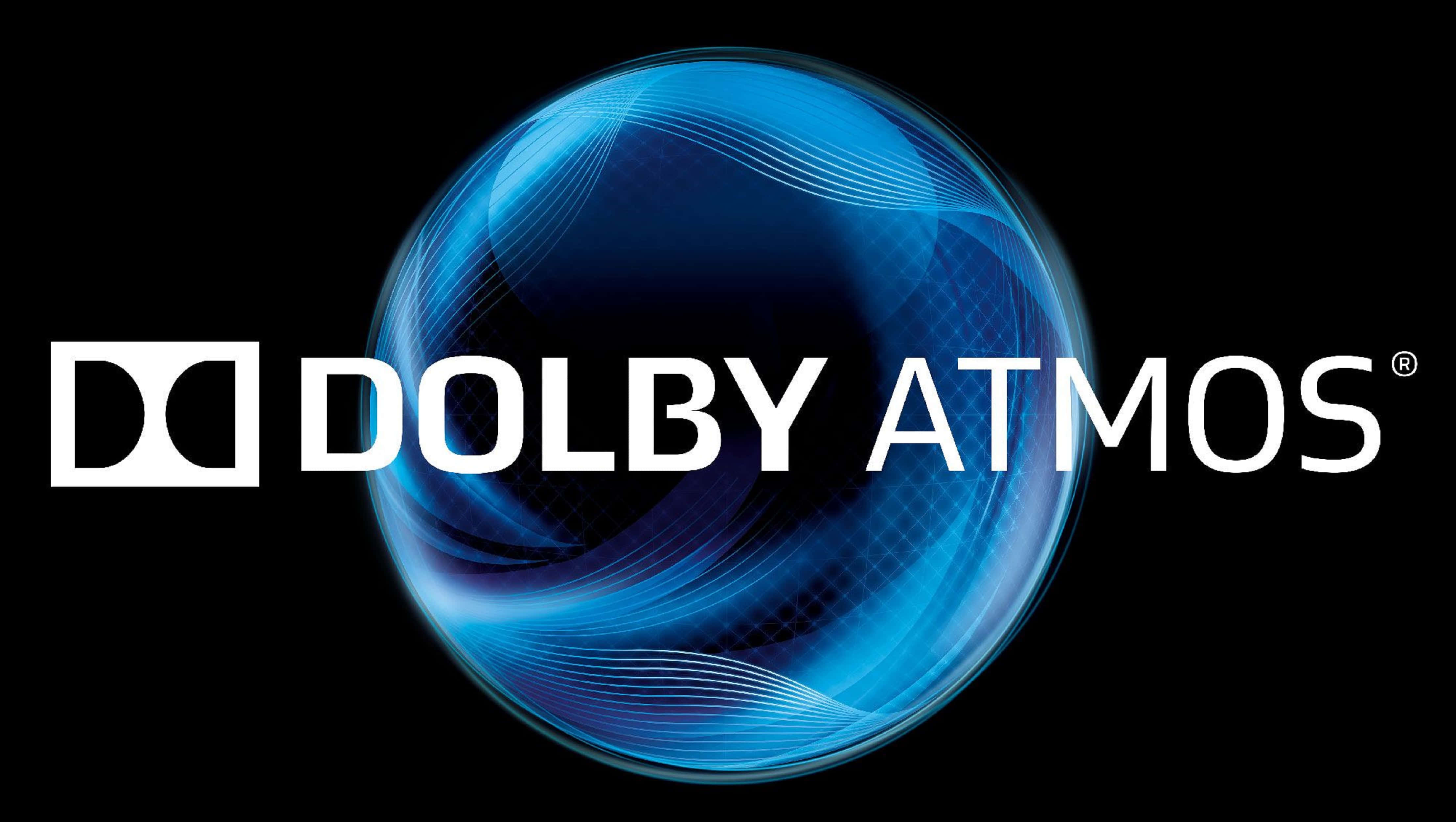 4K Dolby Vision 桌布 壁紙 — 黑色背景上白色Dolby Atmos標誌後方帶有旋轉光紋的發光藍色球體。