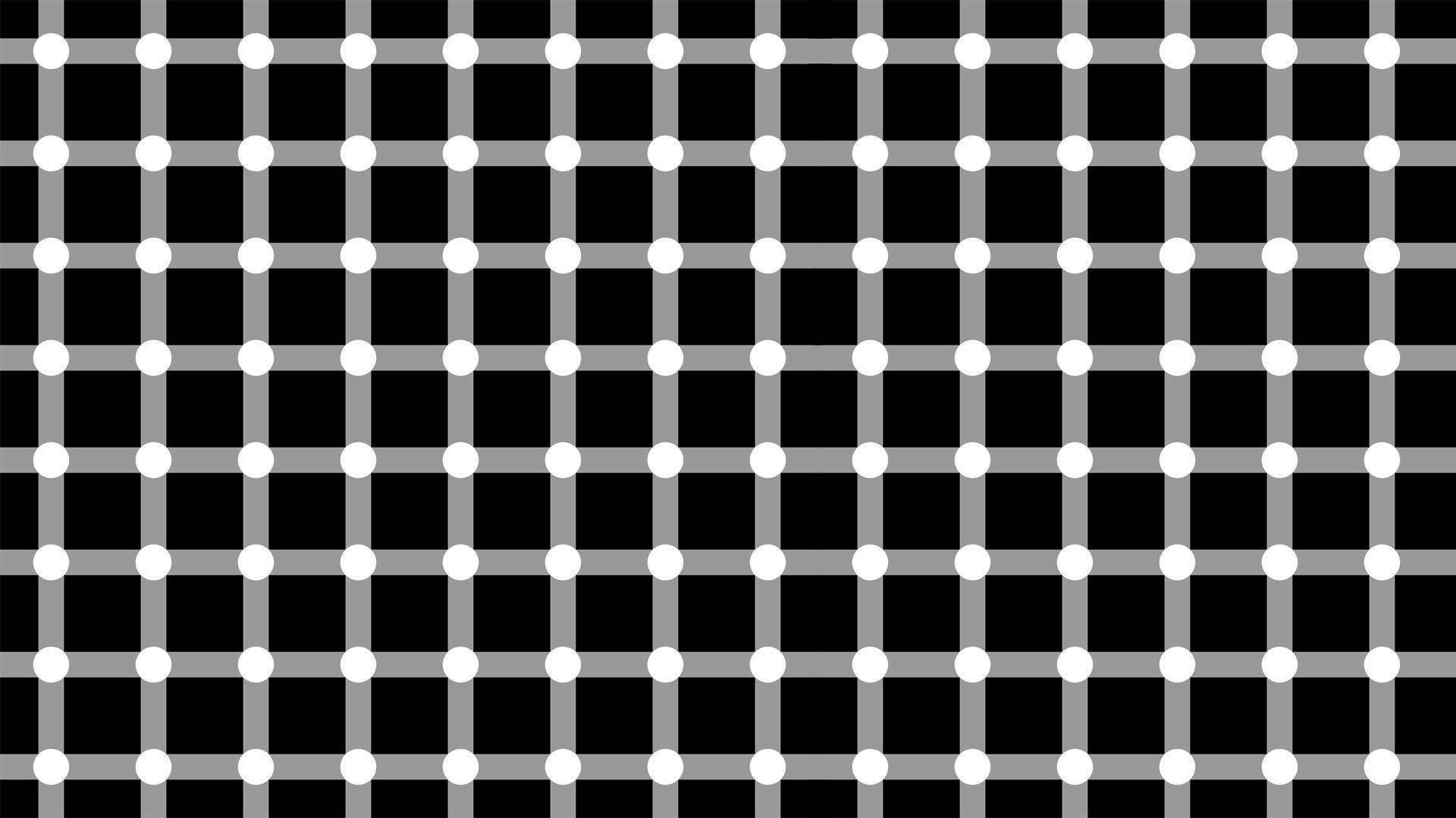 Illusion 桌布 壁紙 — 黑色背景上白色圓點與灰色線條組成的鮮明幾何圖案，營造出引人注目的極簡網格。