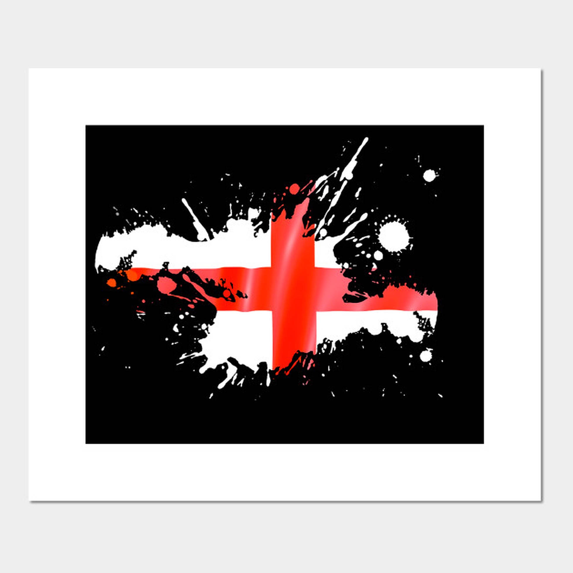 England Flag 桌布 壁紙 — 黑色背景上白色底上的大膽紅色十字，帶有動態的白色和紅色油漆飛濺。