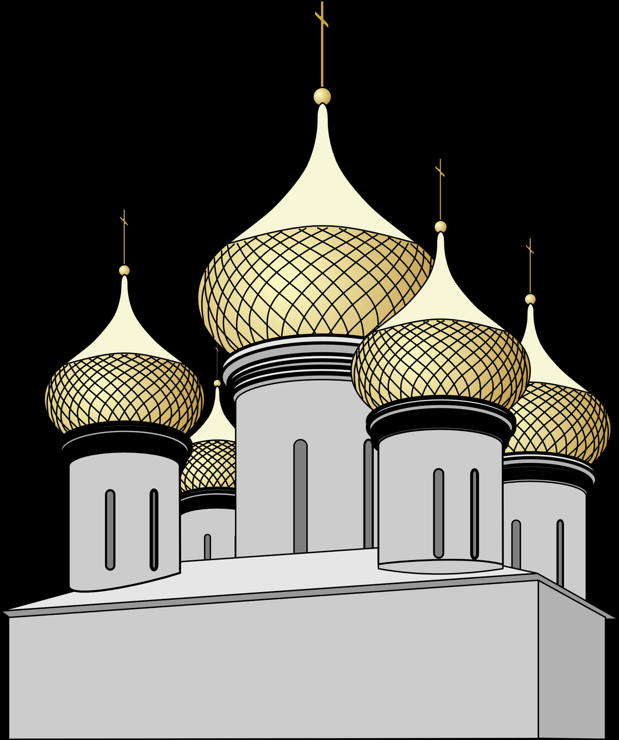 Mosque 桌布 壁紙 — 黑色背景上白色洋蔥形屋頂帶有十字架的華麗金色圓頂插圖。