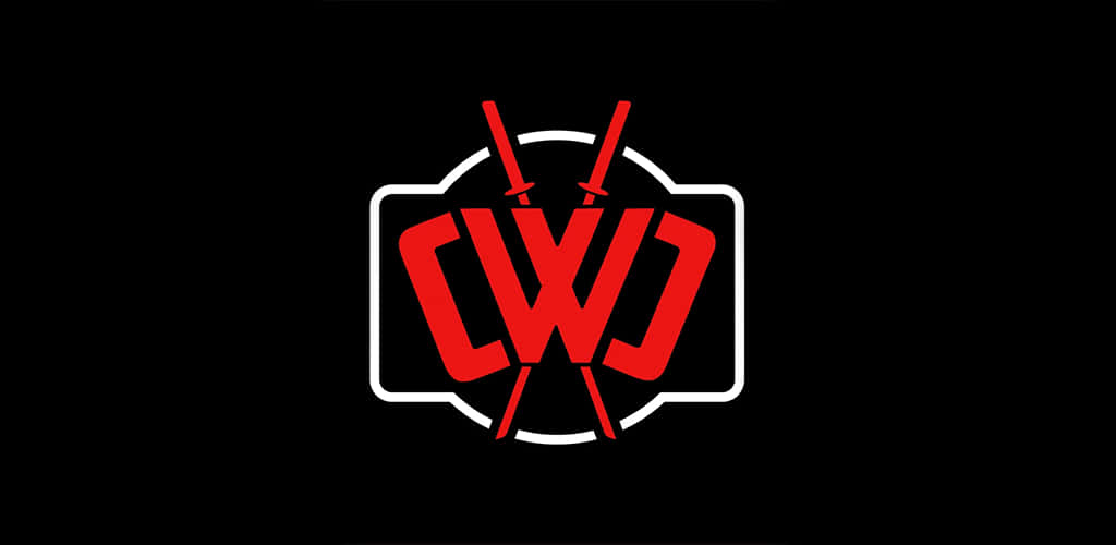 Cwc 桌布 壁紙 — 黑色背景上白色盾牌輪廓內有交叉劍的醒目紅色風格化CWJ標誌。