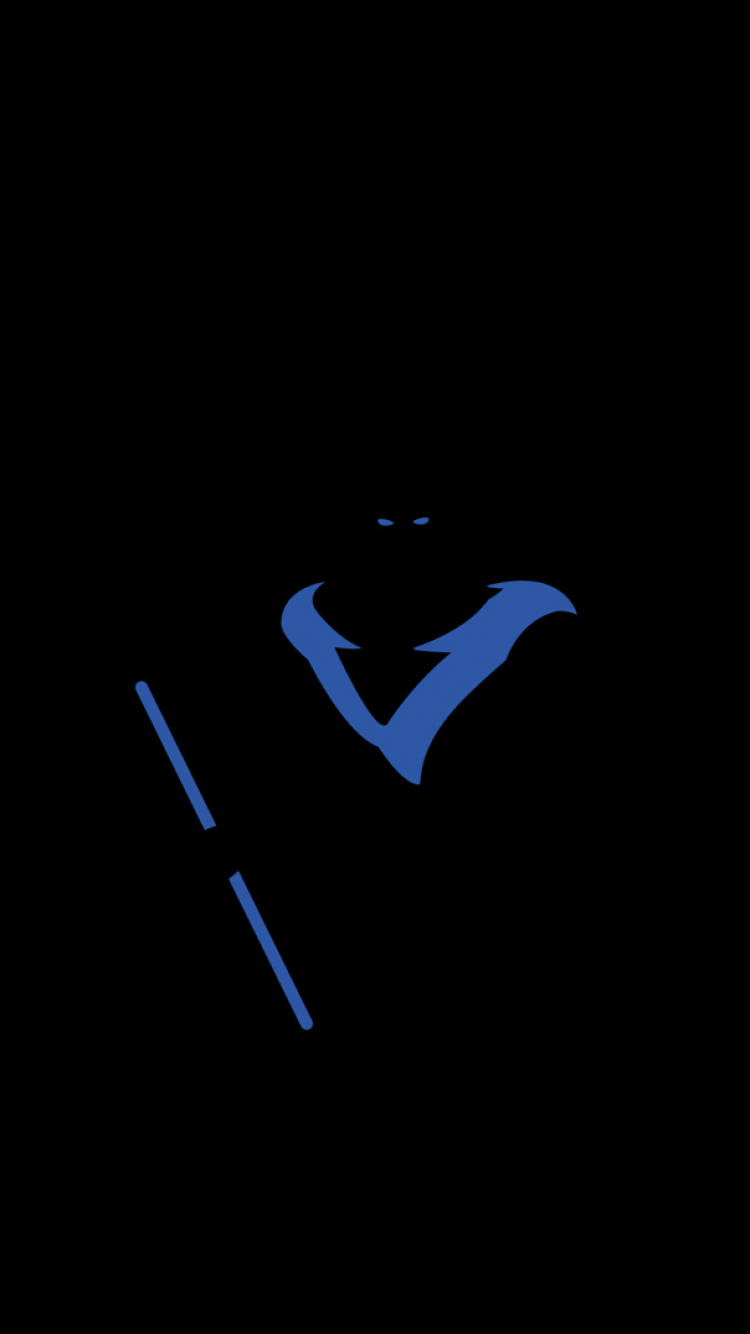 Nightwing 桌布 壁紙 — 黑色背景上的一個簡約藍色風格化V形，上方有兩個小點，下方有兩條對角線。