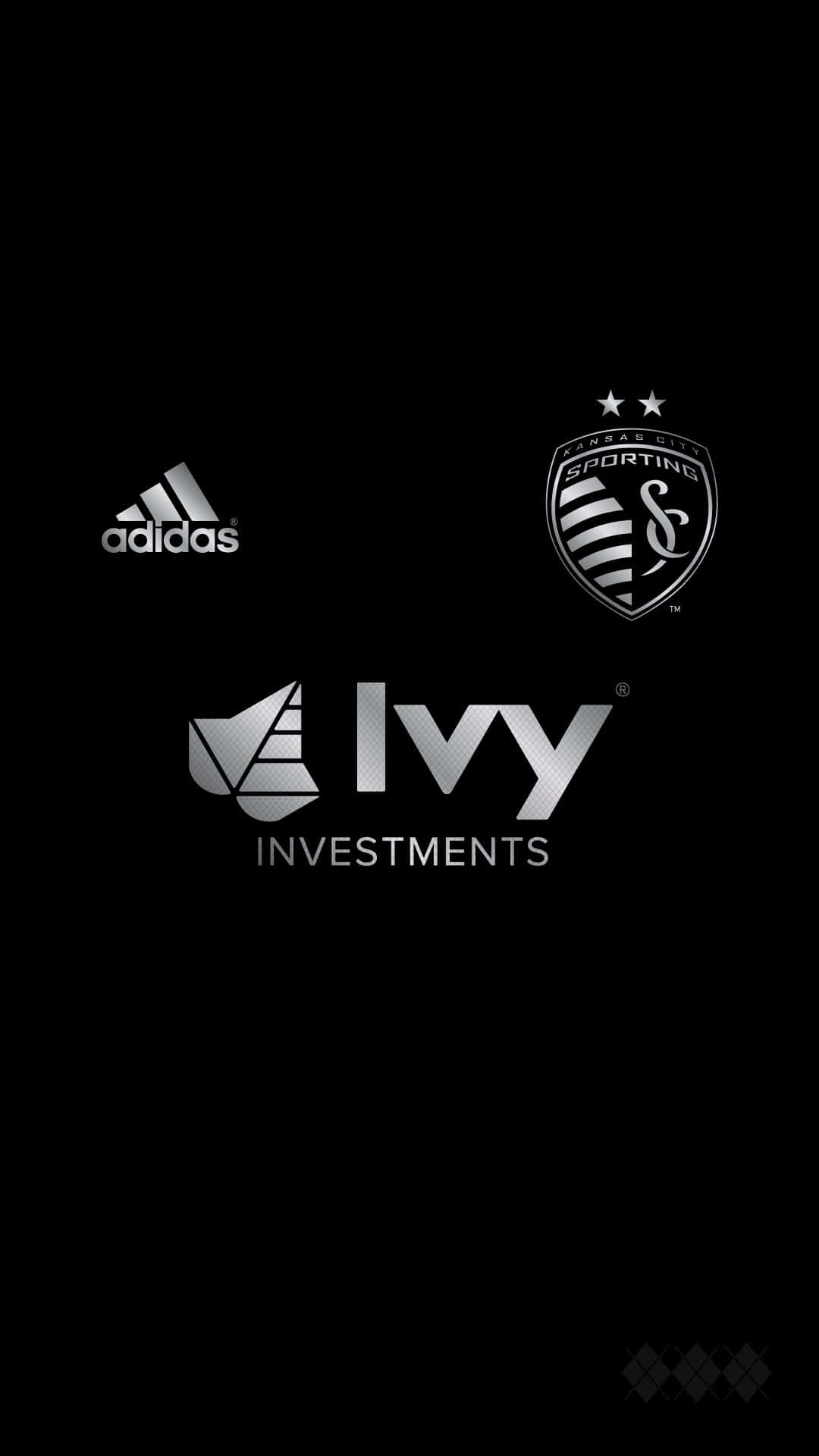 愛迪達 桌布 壁紙 — 黑色背景上的三個銀色標誌：adidas Kansas City Sporting 和 Ivy Investments。