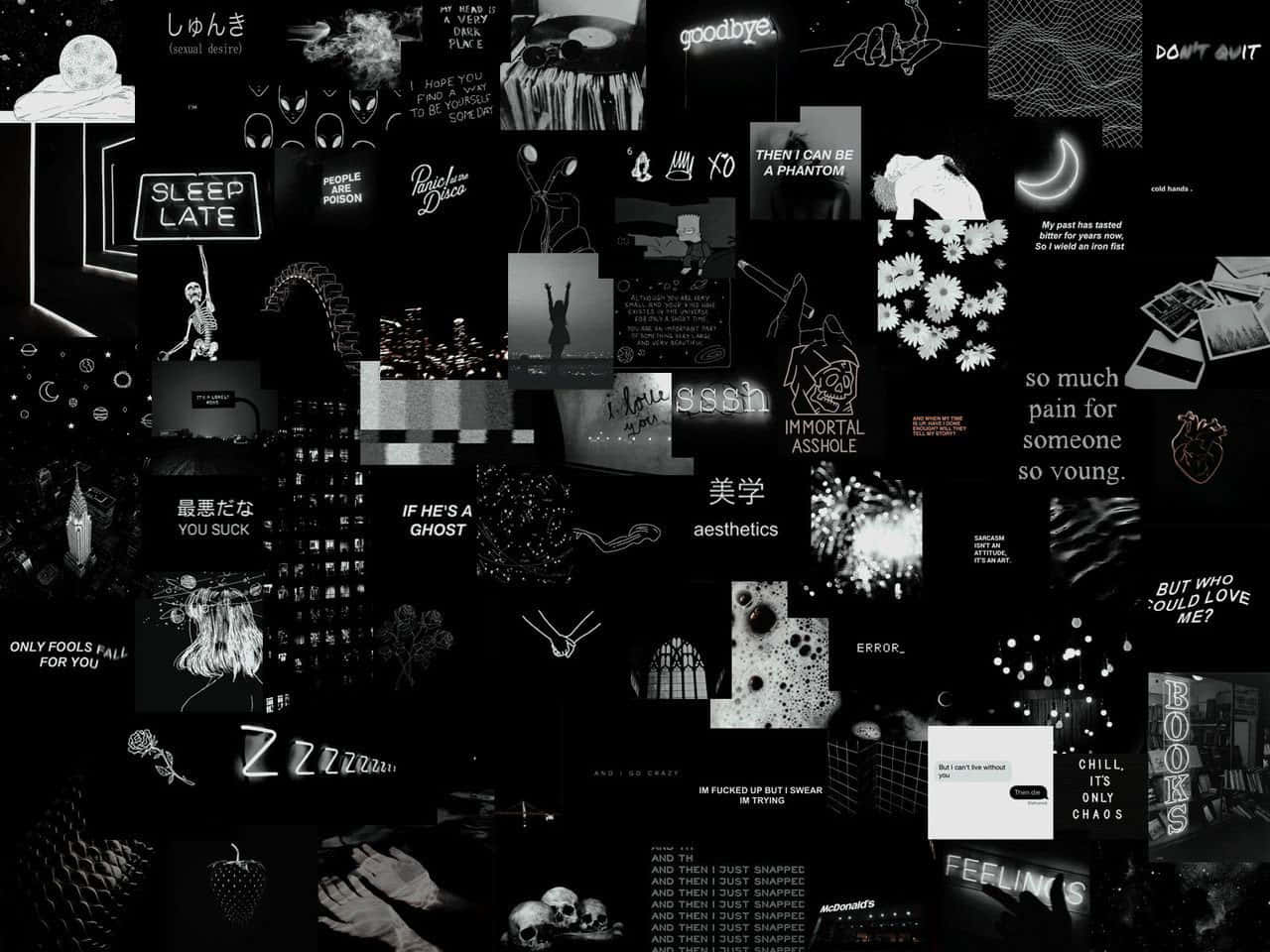 Cool Collage 桌布 壁紙 — 黑色背景上的單色拼貼，包含emo美學文字片段、塗鴉和語錄。