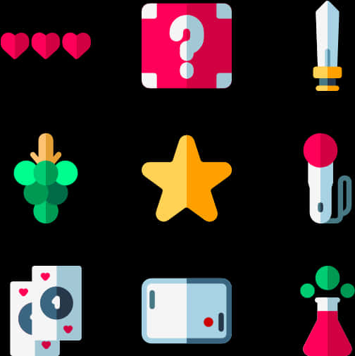 Game Icon 桌布 壁紙 — 黑色背景上的扁平設計圖標包括心形、劍、星星和藥水瓶。