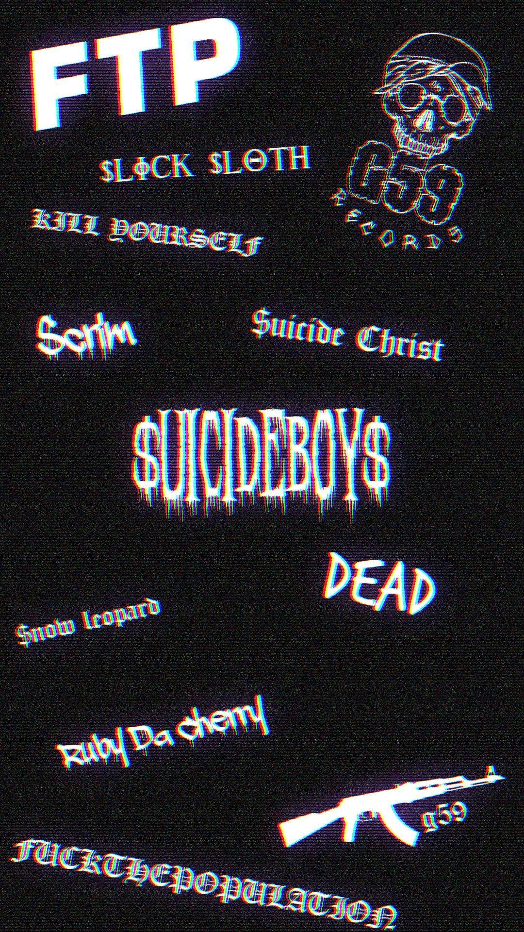 suicideboys 桌布 壁紙 — 黑色背景上的故障霓虹文字與骷髏標誌，附有樂隊名稱和槍械圖案。