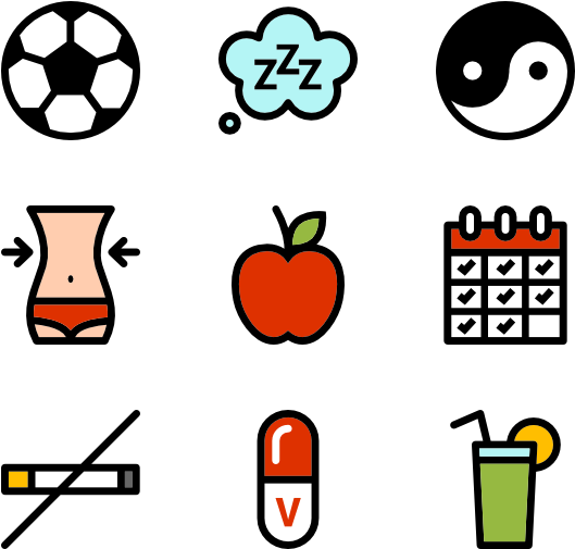 Fitness 桌布 壁紙 — 黑色背景上的極簡圖標網格，顯示健康和保健符號，如蘋果、日曆和睡眠雲。