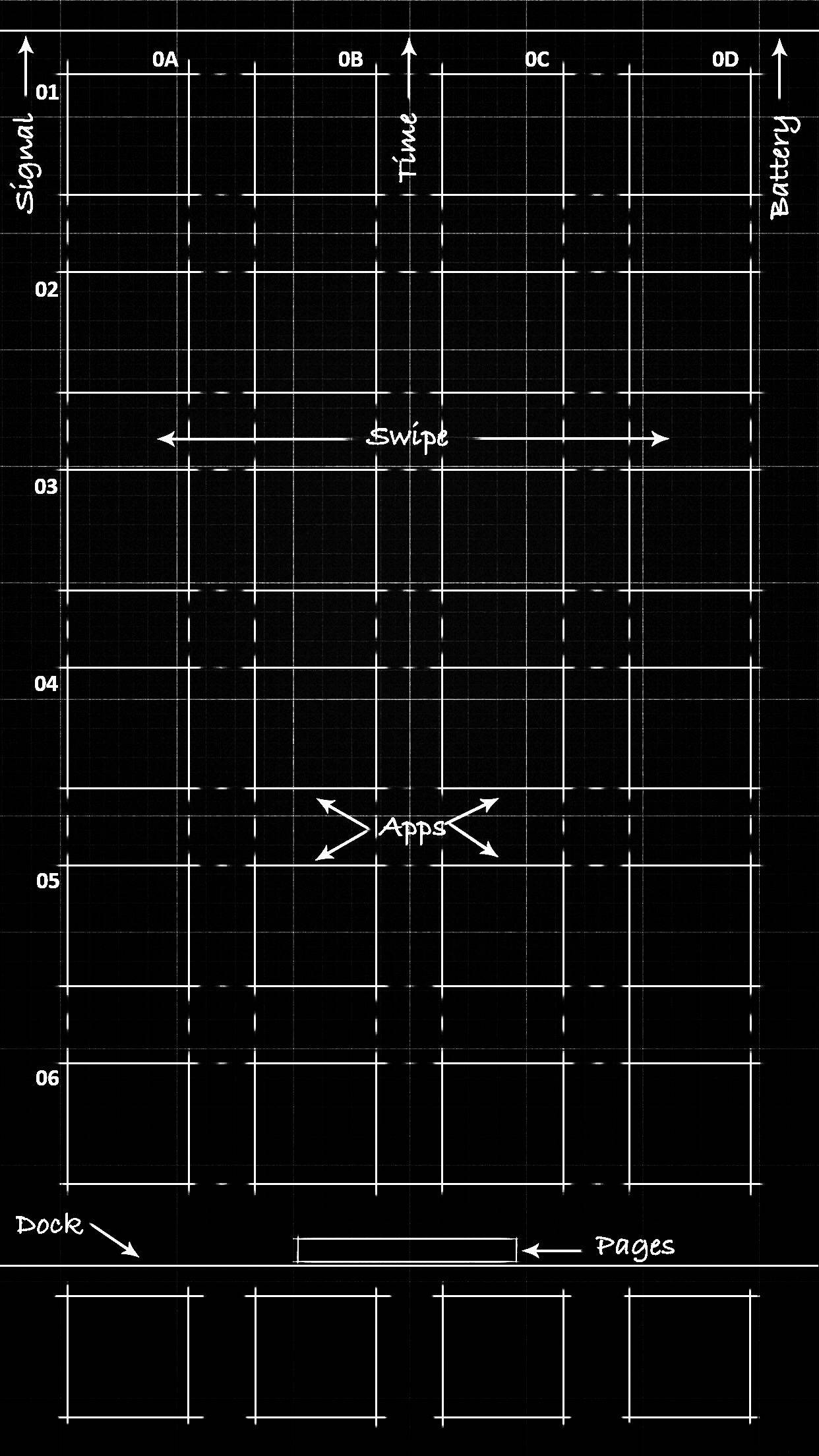 iPhone 桌布 壁紙 — 黑色背景上的極簡白色網格介面，顯示帶有標籤軸的滑動應用程式底座和頁面。