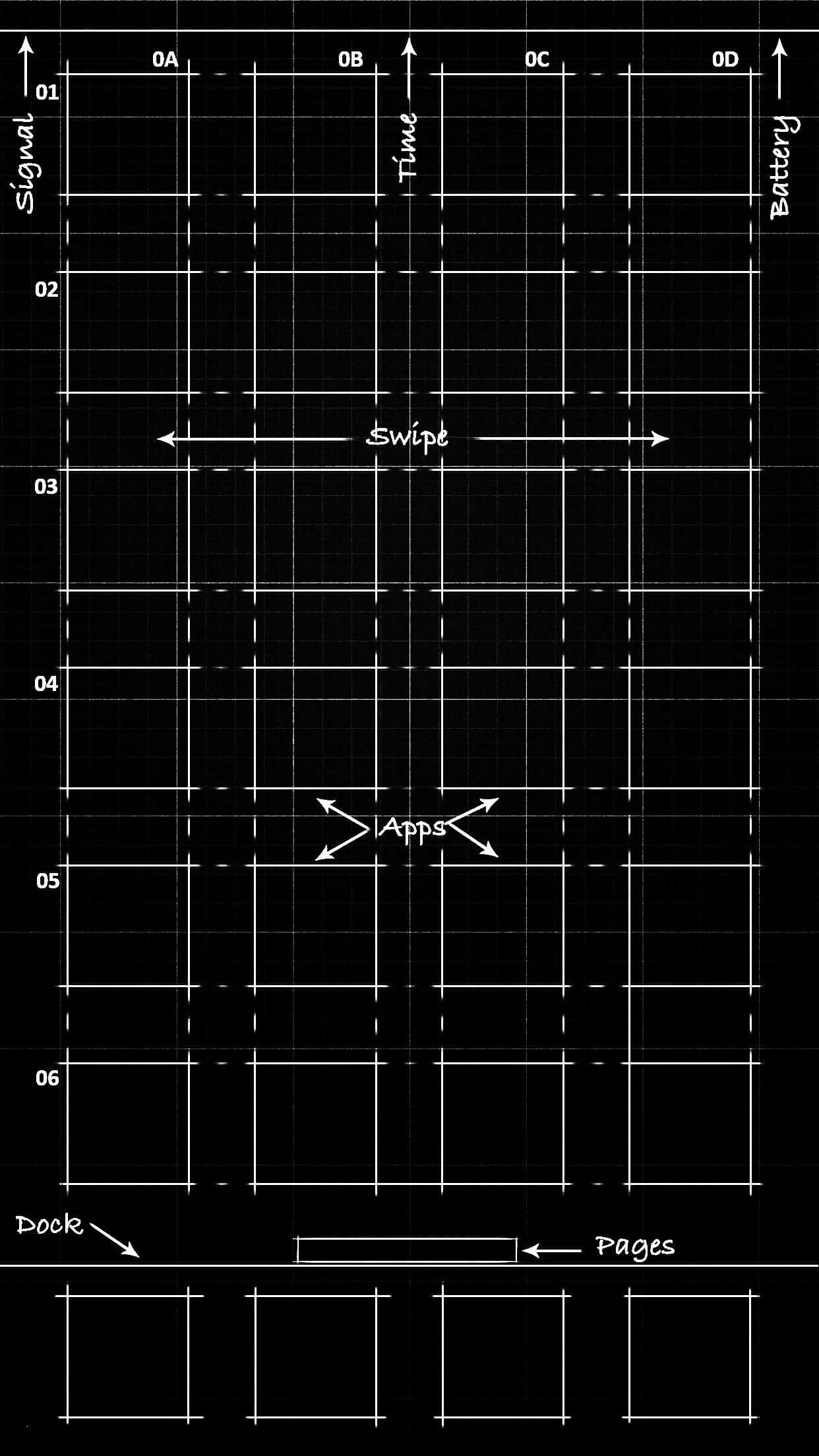 grid 桌布 壁紙 — 黑色背景上的極簡白色網格佈局圖，顯示電話介面元素，如訊號、電池、滑動、應用程式、底座和頁面。