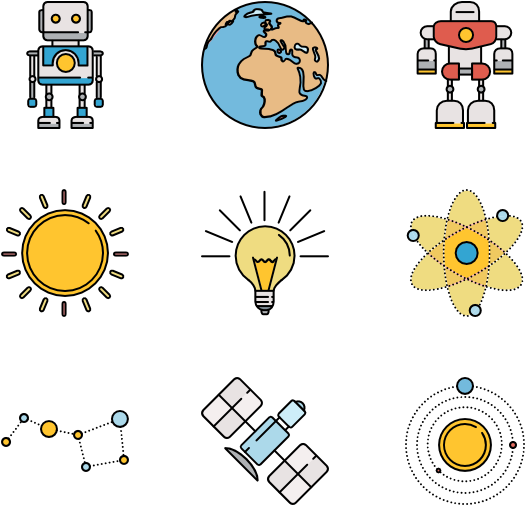 科學 桌布 壁紙 — 黑色背景上的機器人、地球、太陽、原子和衛星的平面向量圖標。