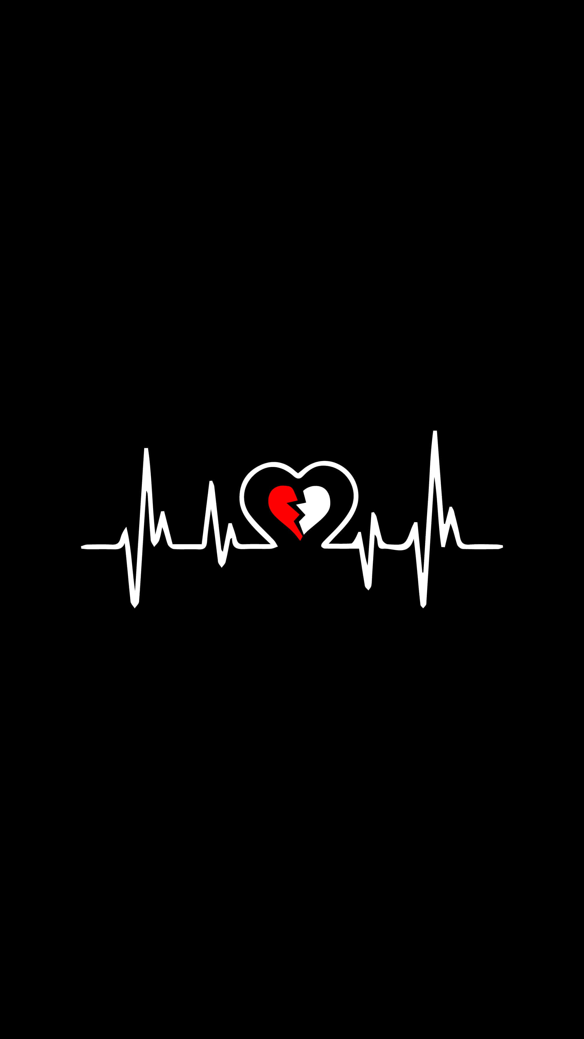 Aesthetic Heart 桌布 壁紙 — 黑色背景上的白色心跳線，中央有一個紅色和白色兩半的破碎心形。