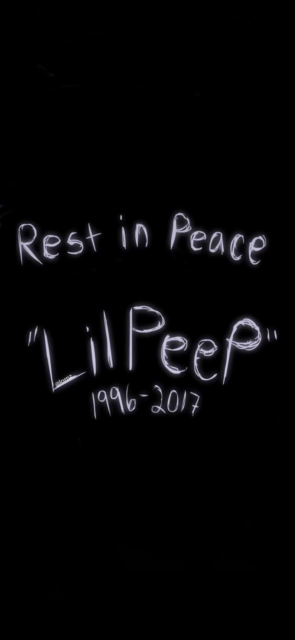 Rip 桌布 壁紙 — 黑色背景上的白色手寫文字寫著 Rest in Peace Lil Peep 1996-2017，帶有發光輪廓。
