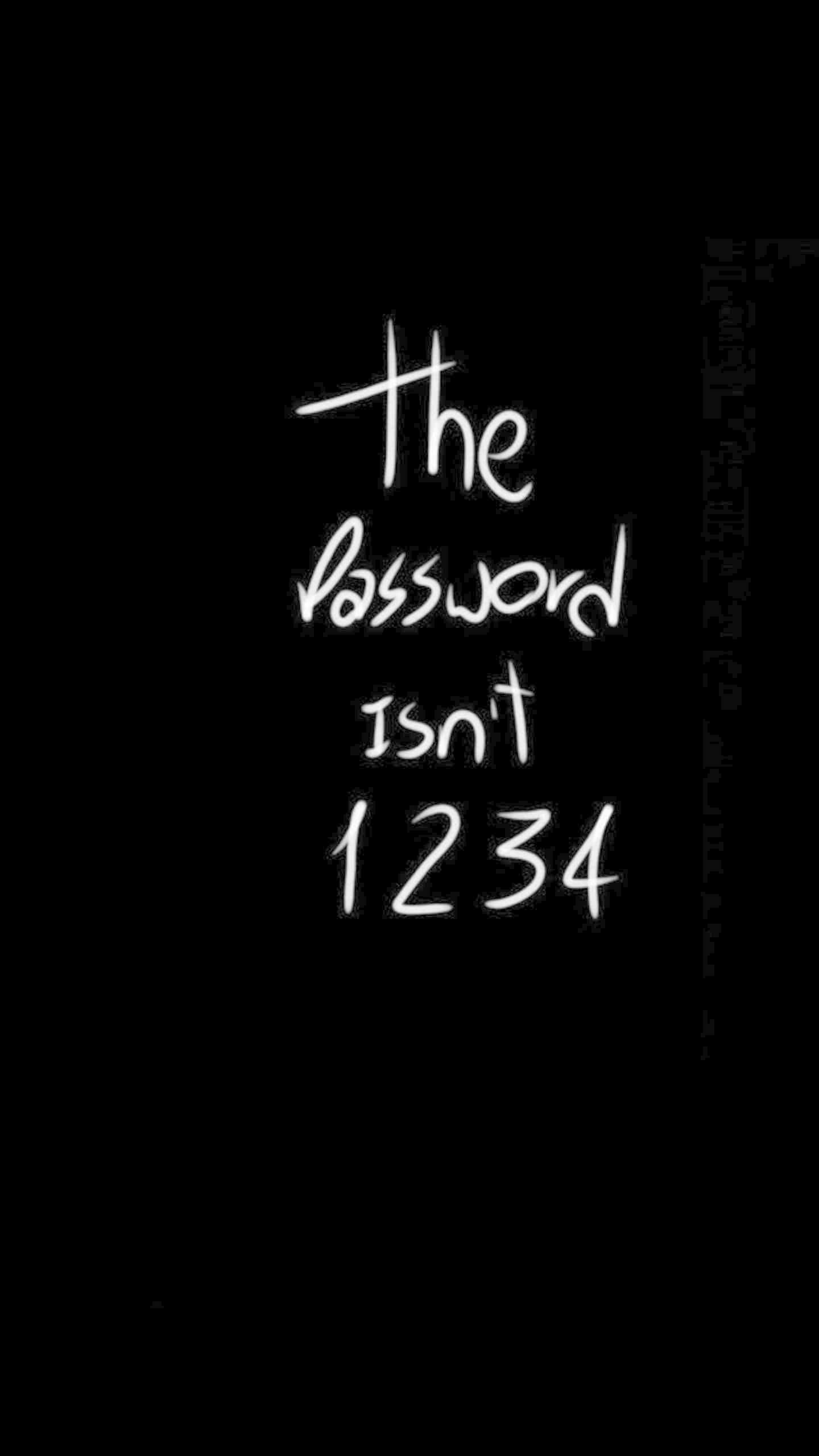 Funny Lock Screen 桌布 壁紙 — 黑色背景上的白色手寫文字寫著「密碼不是1234」，帶有微弱的垂直故障效果。