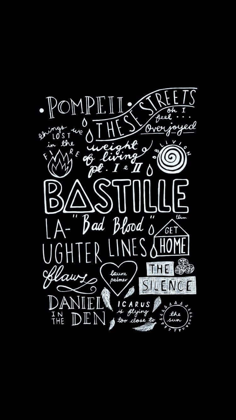 Bastille 桌布 壁紙 — 黑色背景上的白色粉筆風格字體藝術，以多種字體和塗鴉呈現樂團名稱和歌曲標題。