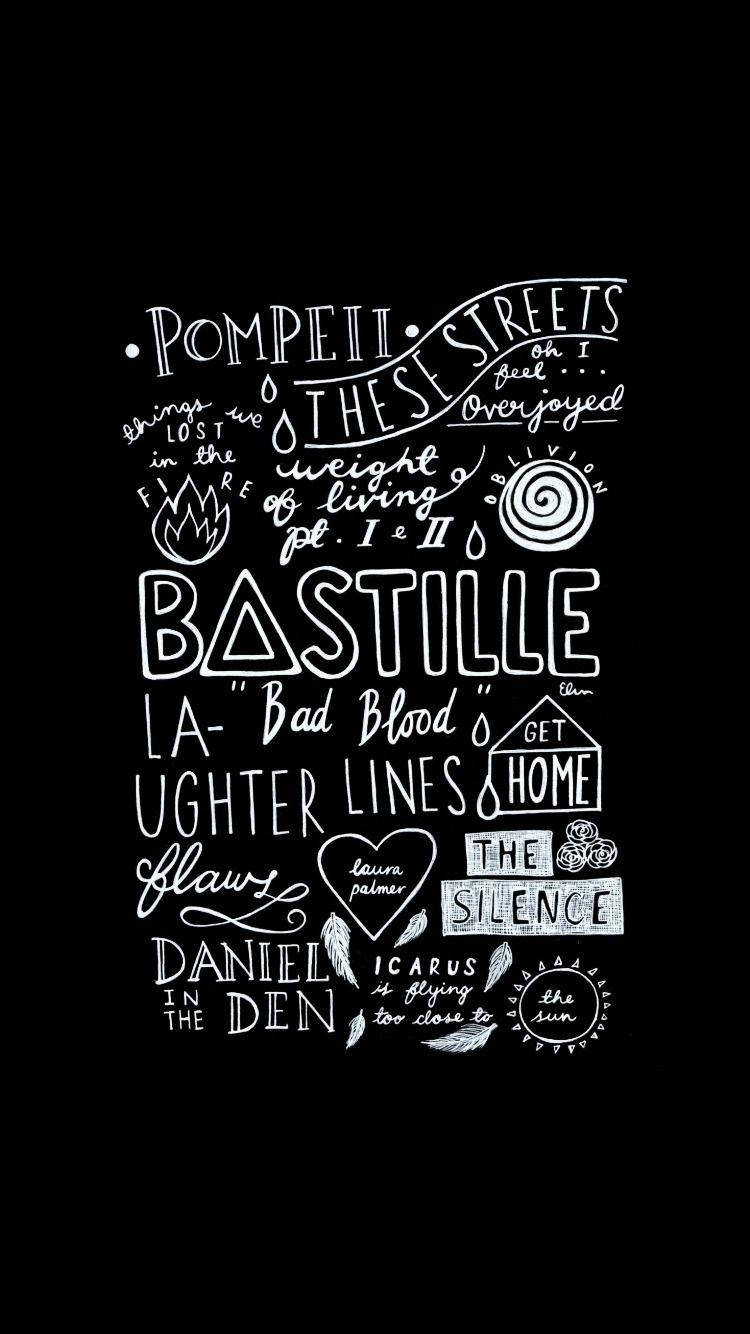Bastille 桌布 壁紙 — 黑色背景上的白色粉筆風格字體藝術，以多種字體和佈局展示樂團名稱和歌曲標題。
