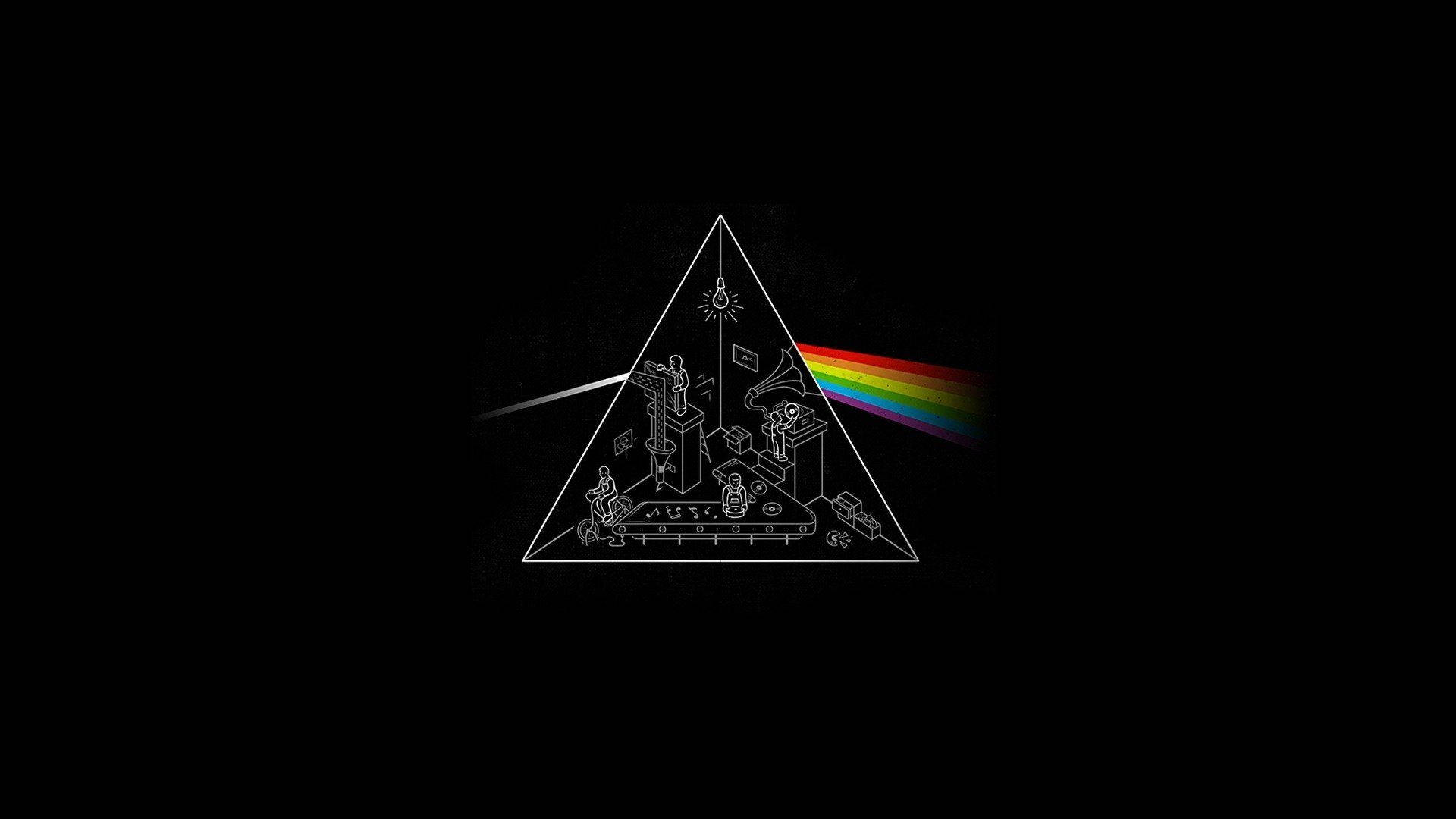 Floyd 桌布 壁紙 — 黑色背景上的白色線條藝術三角形顯示一個稜鏡將光線分裂成彩虹光譜，內部有復古音頻設備。