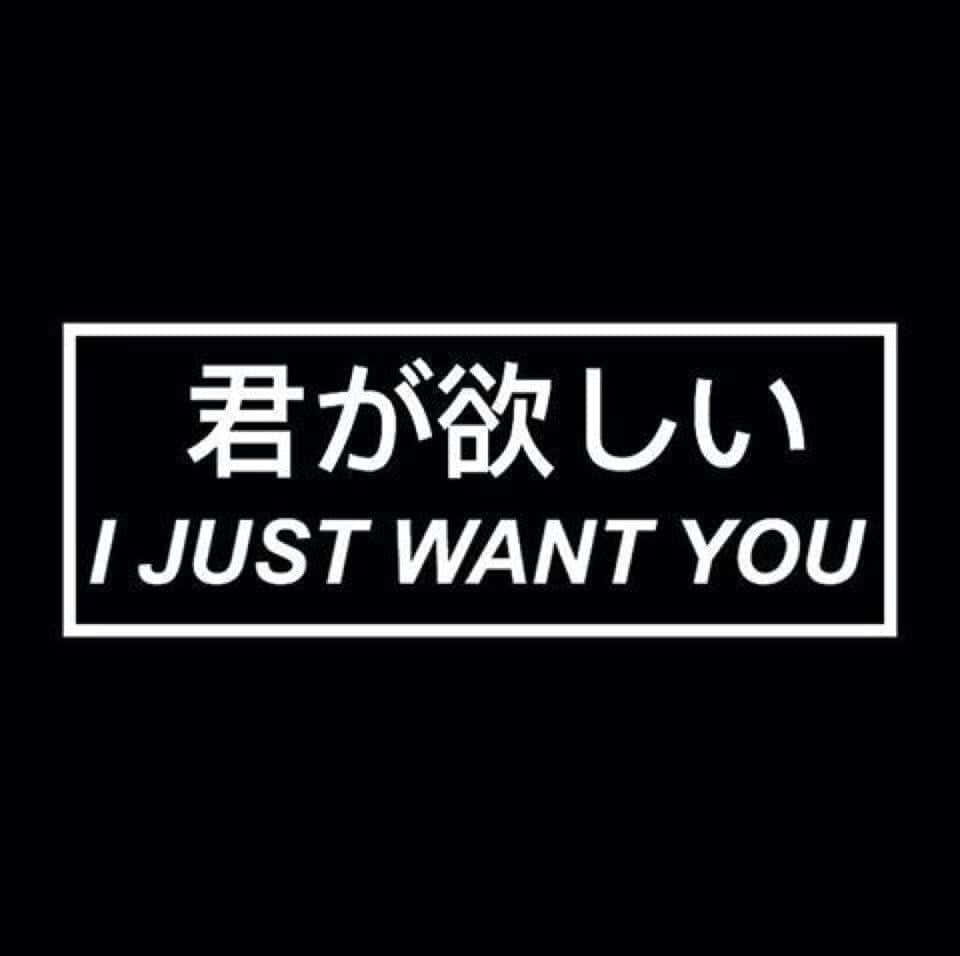 Japanese Aesthetic 桌布 壁紙 — 黑色背景上的矩形內，以日文和英文顯示粗體白色文字「I JUST WANT YOU」。