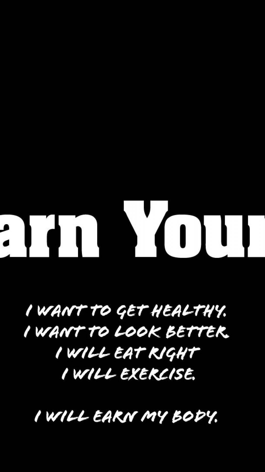 Fitness Motivation iPhone 桌布 壁紙 — 黑色背景上的粗體白色文字以鮮明對比和簡潔字體宣告健康動機口號。