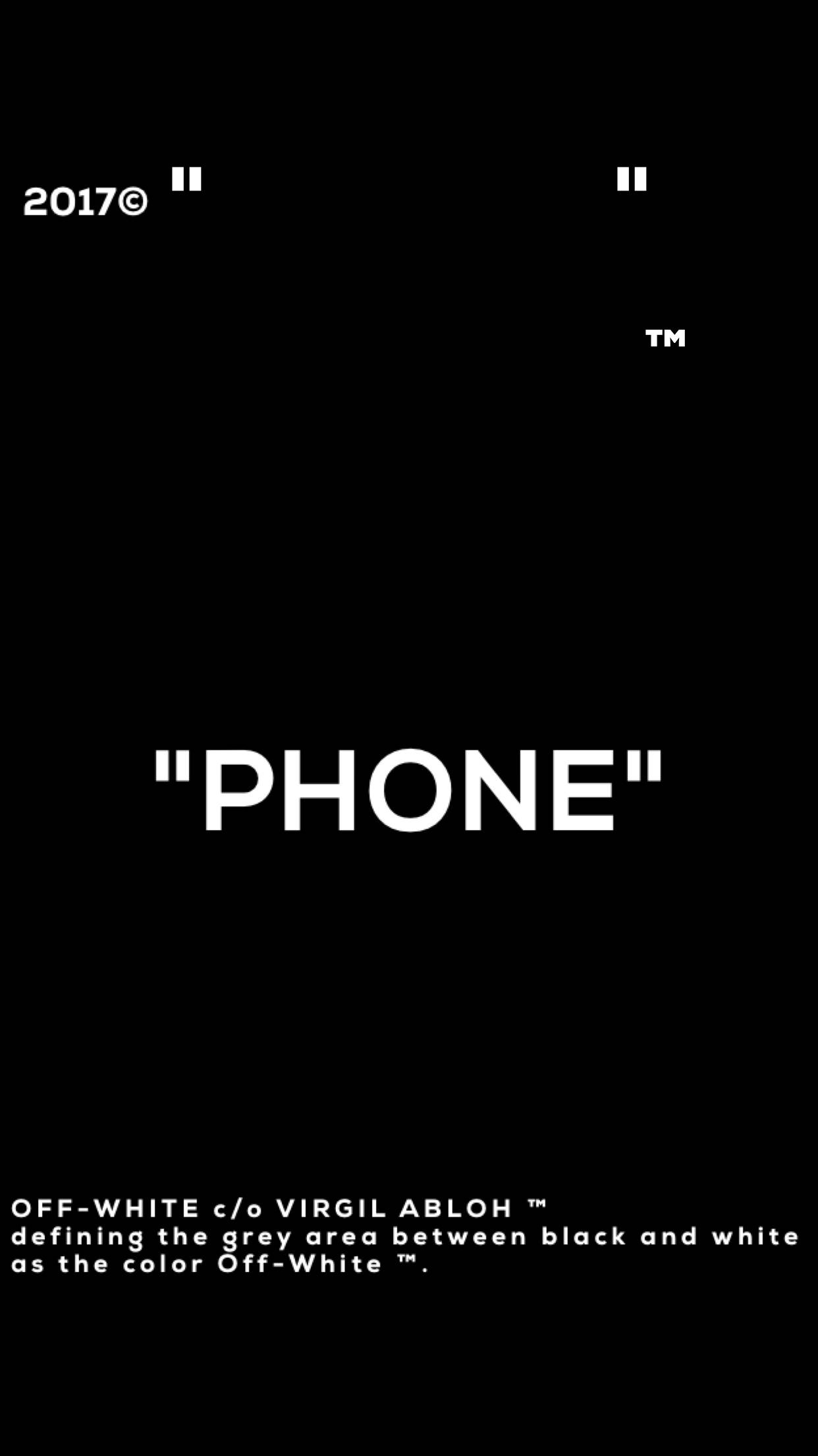 Off White 桌布 壁紙 — 黑色背景上的粗體白色文字宣佈「PHONE」，附有品牌積分和商標符號。