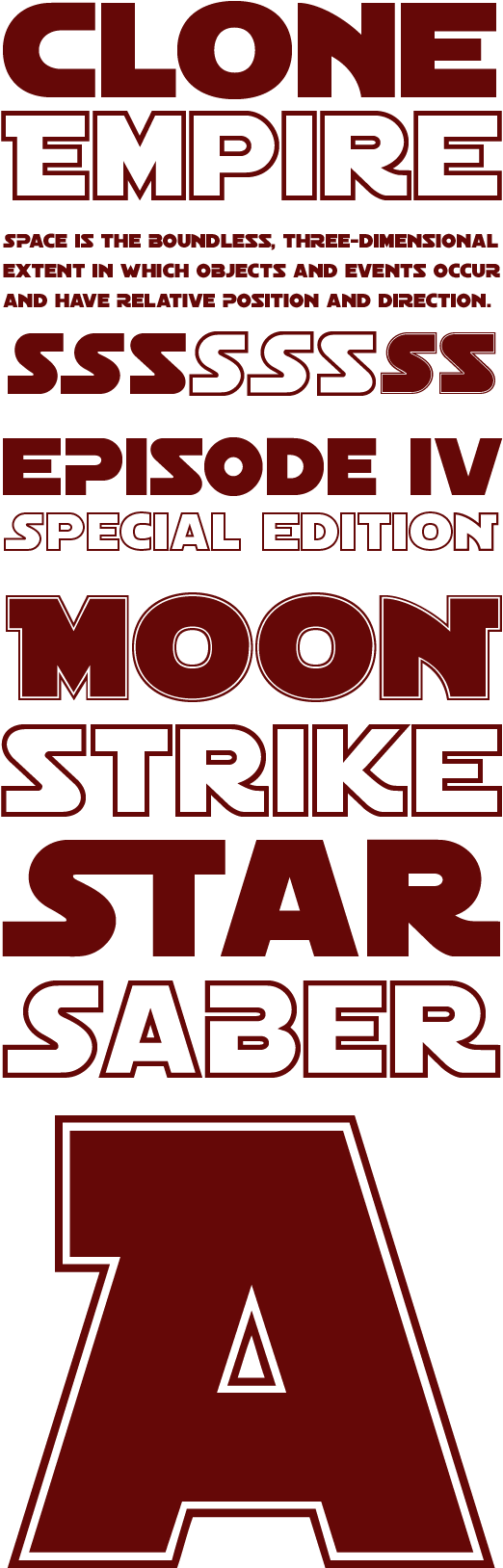 字型 桌布 壁紙 — 黑色背景上的粗體紅色文字宣告「Clone Empire」和「Moon Strike Star Saber」，並帶有風格化的「A」標誌。