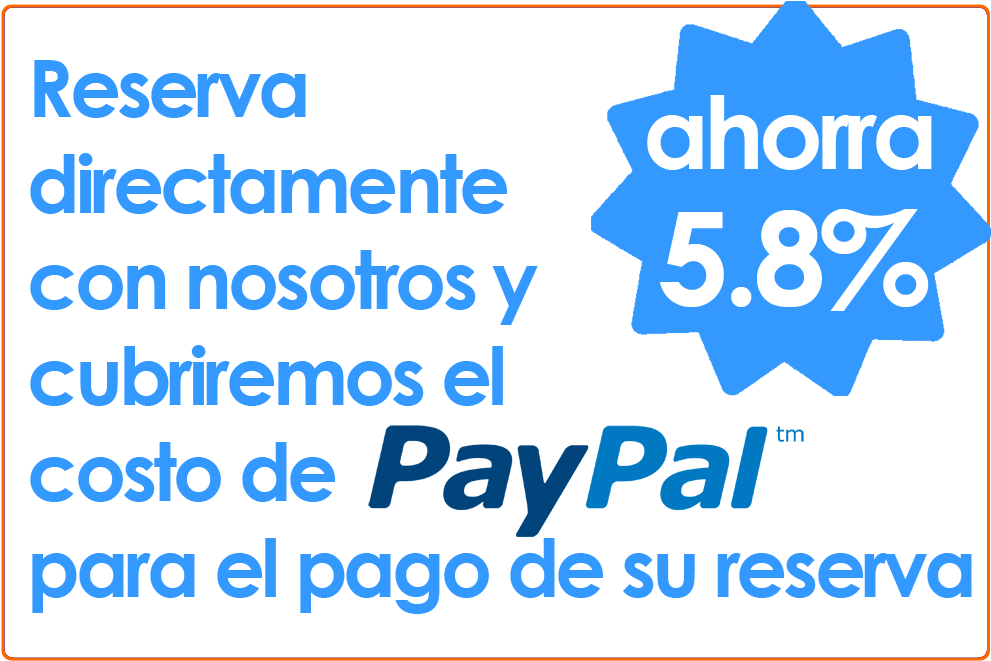 PayPal 桌布 壁紙 — 黑色背景上的粗體藍色文字宣傳直接預訂並承擔 PayPal 費用可節省 5.8%。