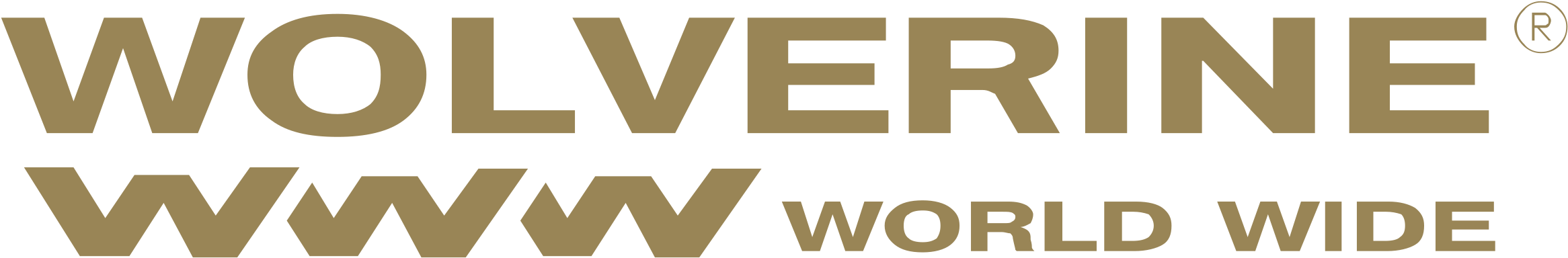 金鋼狼 桌布 壁紙 — 黑色背景上的粗體金色文字顯示「WOLVERINE WWW WORLD WIDE」及註冊商標符號。
