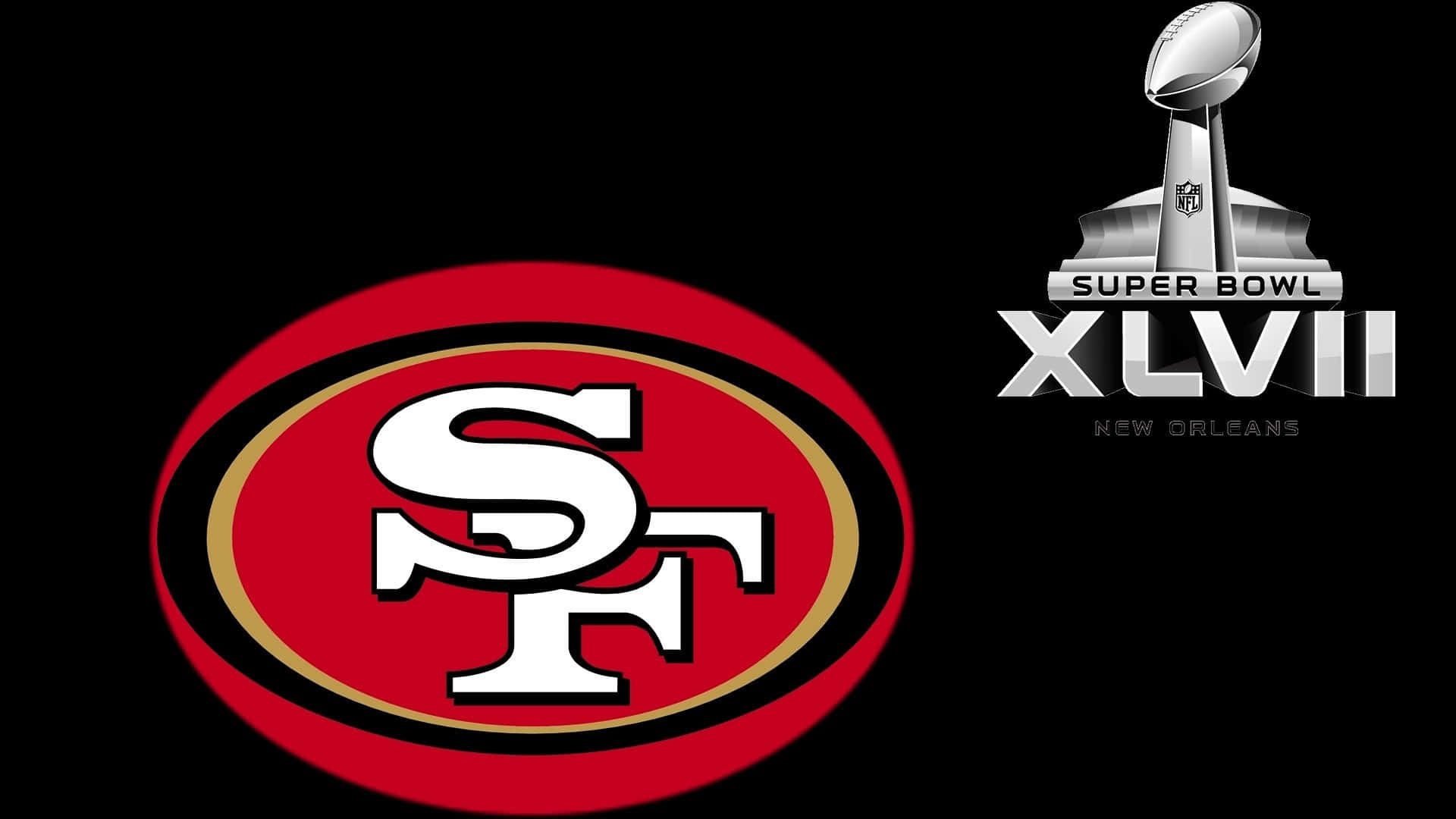 49ers 桌布 壁紙 — 黑色背景上的舊金山49人標誌和超級碗XLVII獎盃圖形。