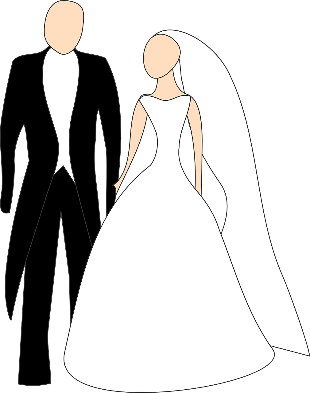 Marriage Clipart 桌布 壁紙 — 黑色背景上穿著婚禮服飾的新娘和新郎的極簡線條藝術插圖。