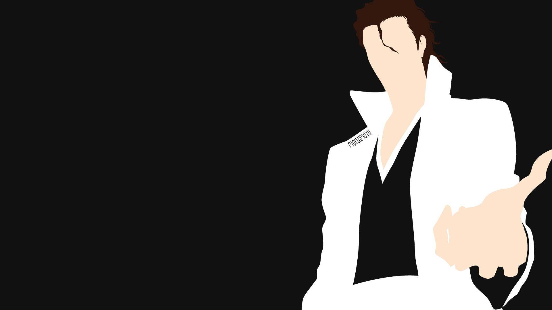 Aizen 桌布 壁紙 — 黑色背景上穿著白色西裝的男士極簡剪影，帶有風格化的臉部和手勢。