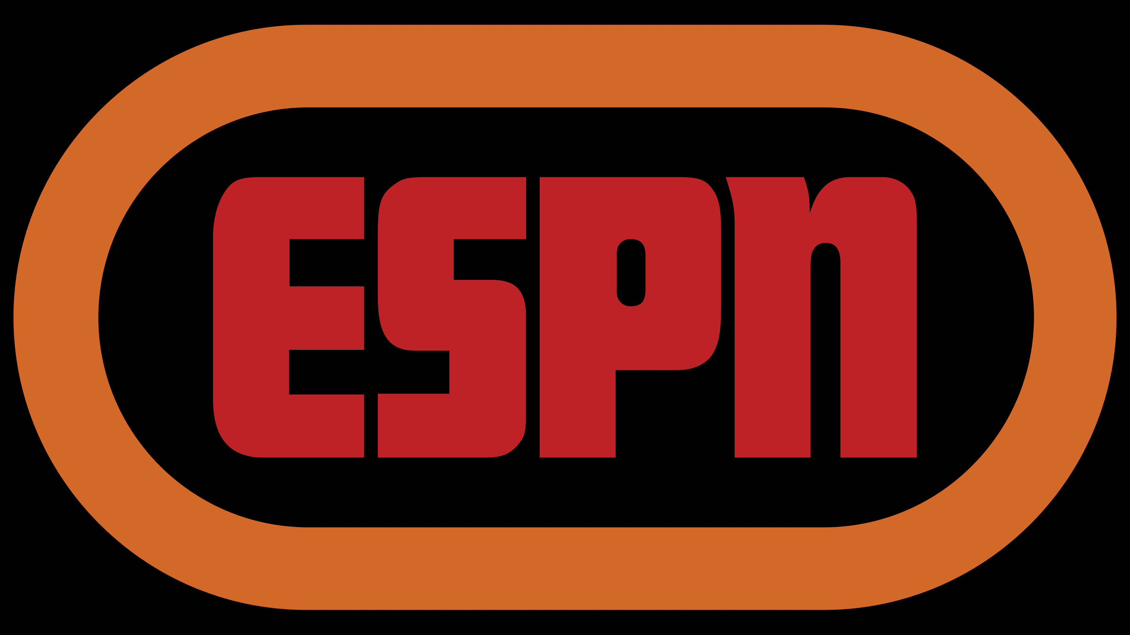 Espn 桌布 壁紙 — 黑色背景上粗橙色橢圓形中央的醒目紅色ESPN標誌。