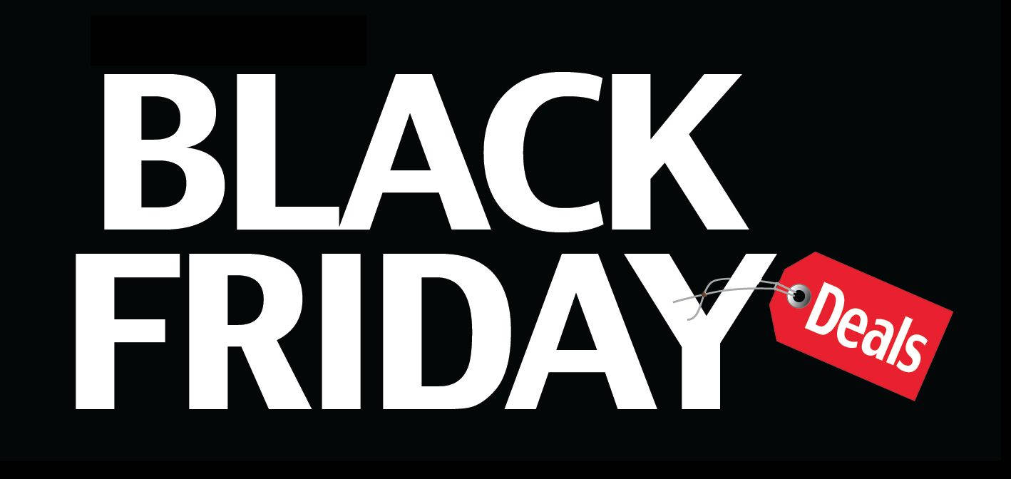 Friday 桌布 壁紙 — 黑色背景上粗體白色「BLACK FRIDAY」文字，附有紅色標籤寫著「Deals」，貼在字母「Y」上。