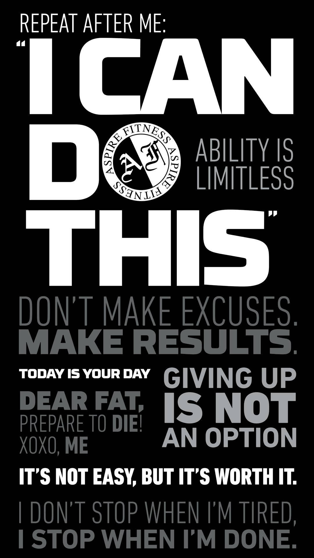 Fitness 桌布 壁紙 — 黑色背景上粗體白色勵志文字宣告「I CAN DO THIS」，並附有健身口號和賦能短語。
