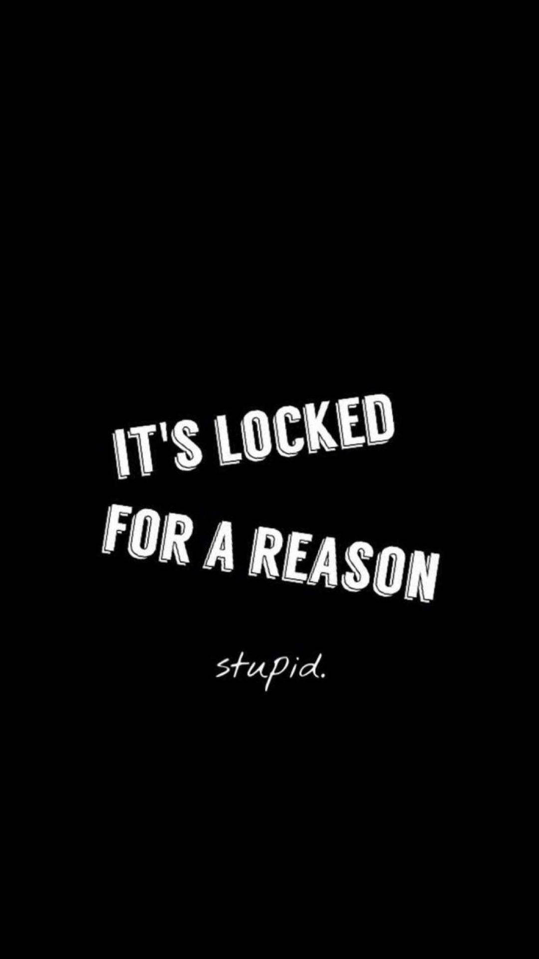 黑色美學手機 桌布 壁紙 — 黑色背景上粗體白色文字宣告「IT'S LOCKED FOR A REASON」，下方附有細小手寫「stupid.」。
