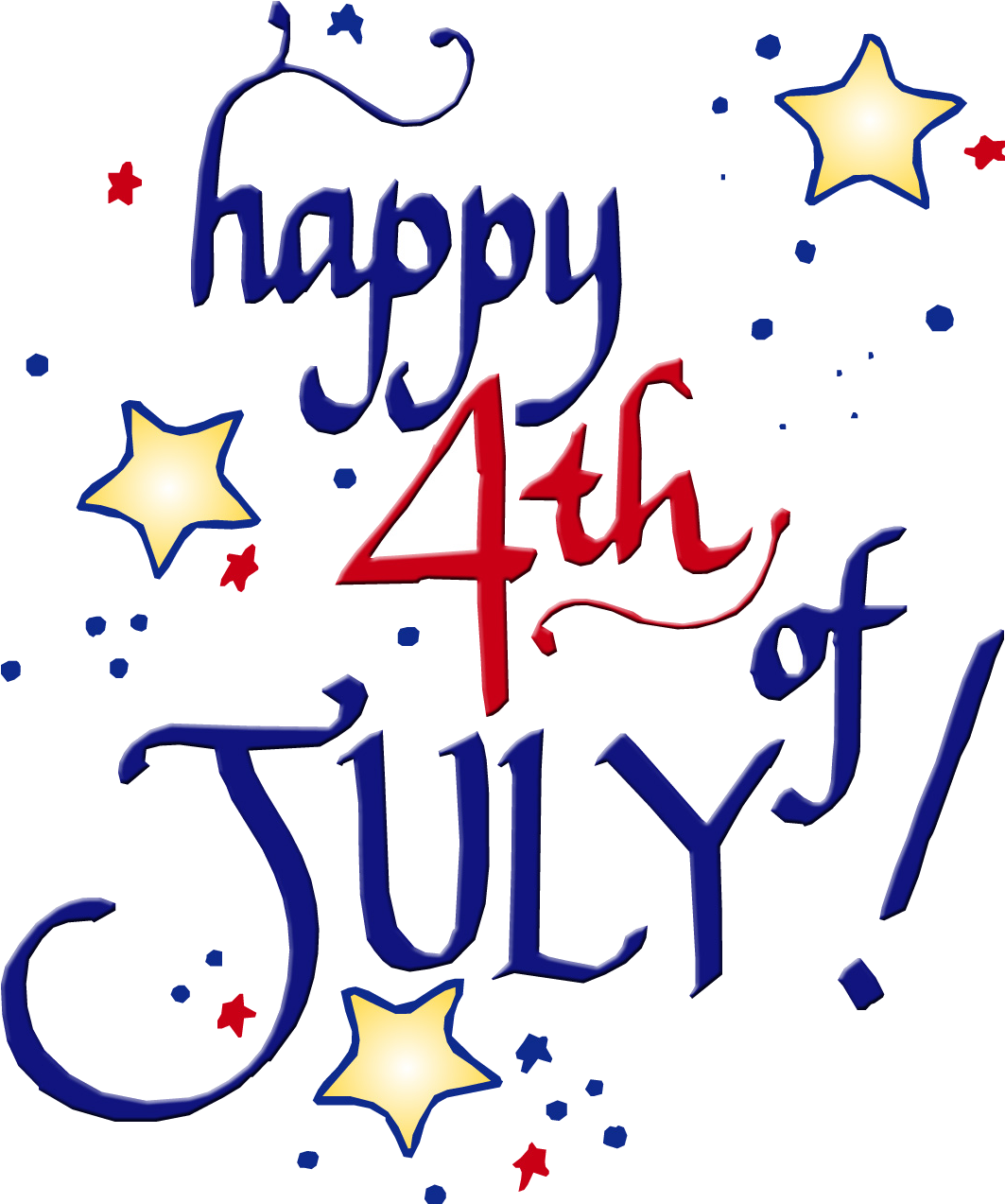 Fireworks 桌布 壁紙 — 黑色背景上紅色和藍色草書的「Happy 4th of July」文字，帶有黃色星星和紅色星星。