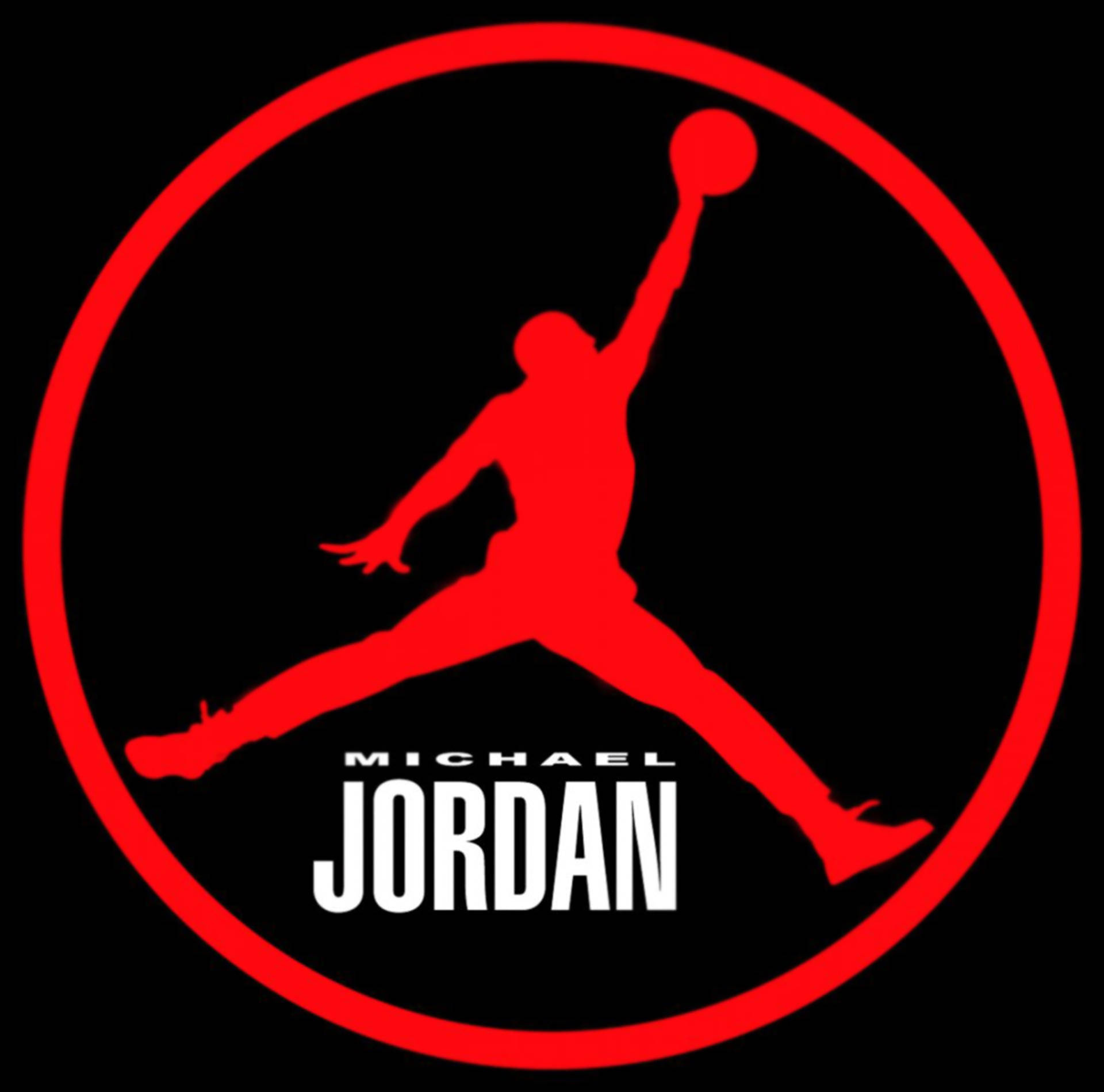 Air Jordan 桌布 壁紙 — 黑色背景上紅色圓圈內，麥可喬丹在空中灌籃的紅色剪影。