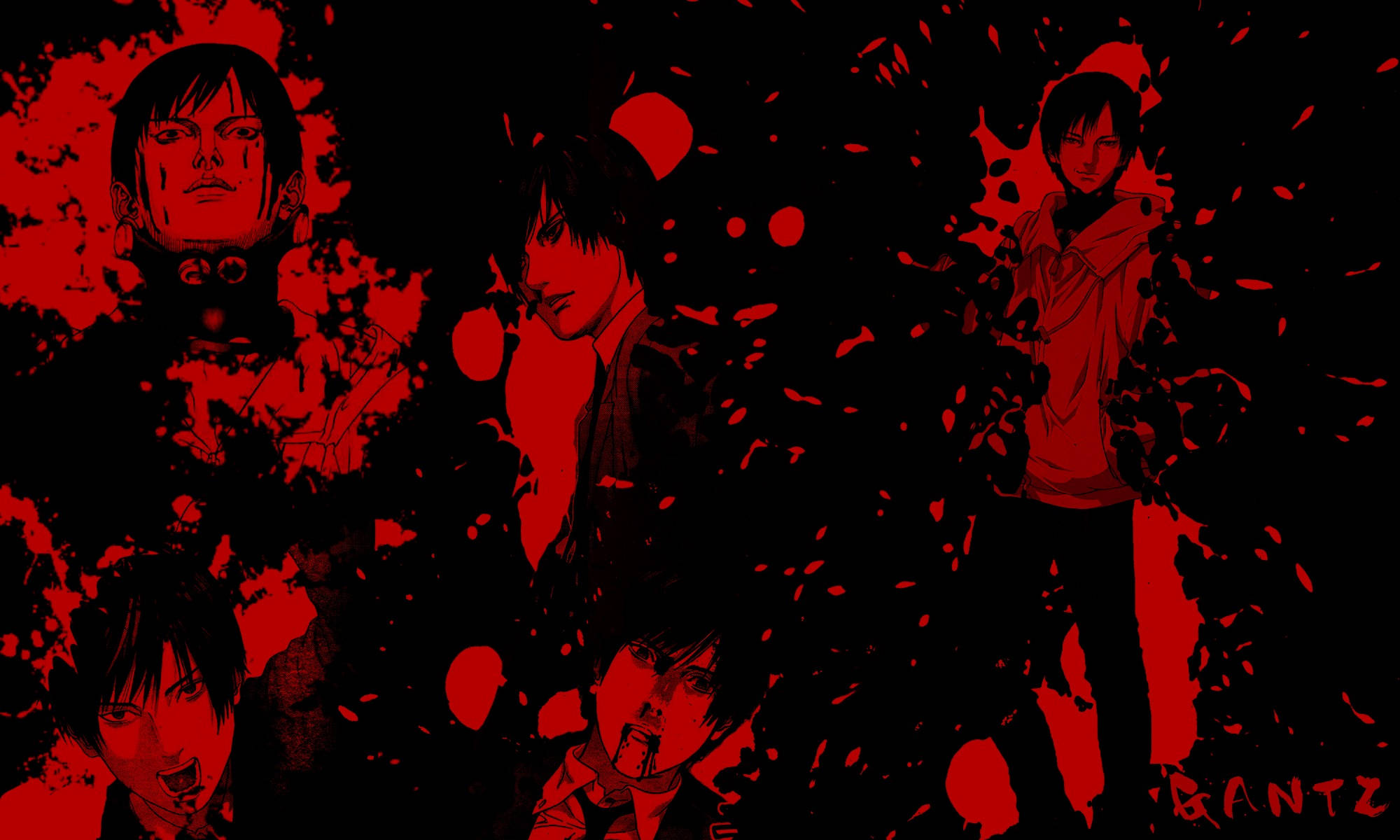 Gantz 桌布 壁紙 — 黑色背景上紅色潑濺的動漫角色，表情強烈，並可見 GANTZ 字樣。