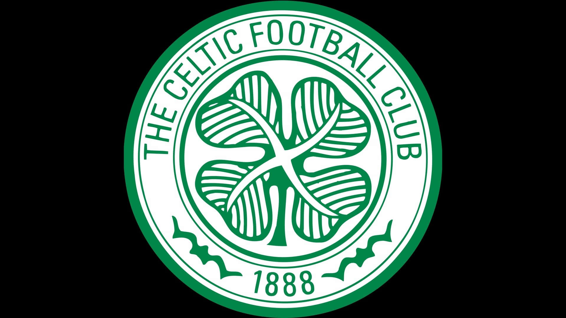 Celtic 桌布 壁紙 — 黑色背景上綠色和白色的塞爾提克足球俱樂部徽章，以四葉草和1888年為特色。