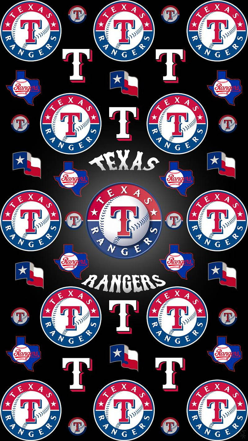 Texas Rangers 桌布 壁紙 — 黑色背景上重複出現的德州遊騎兵棒球隊標誌和旗幟圖案。